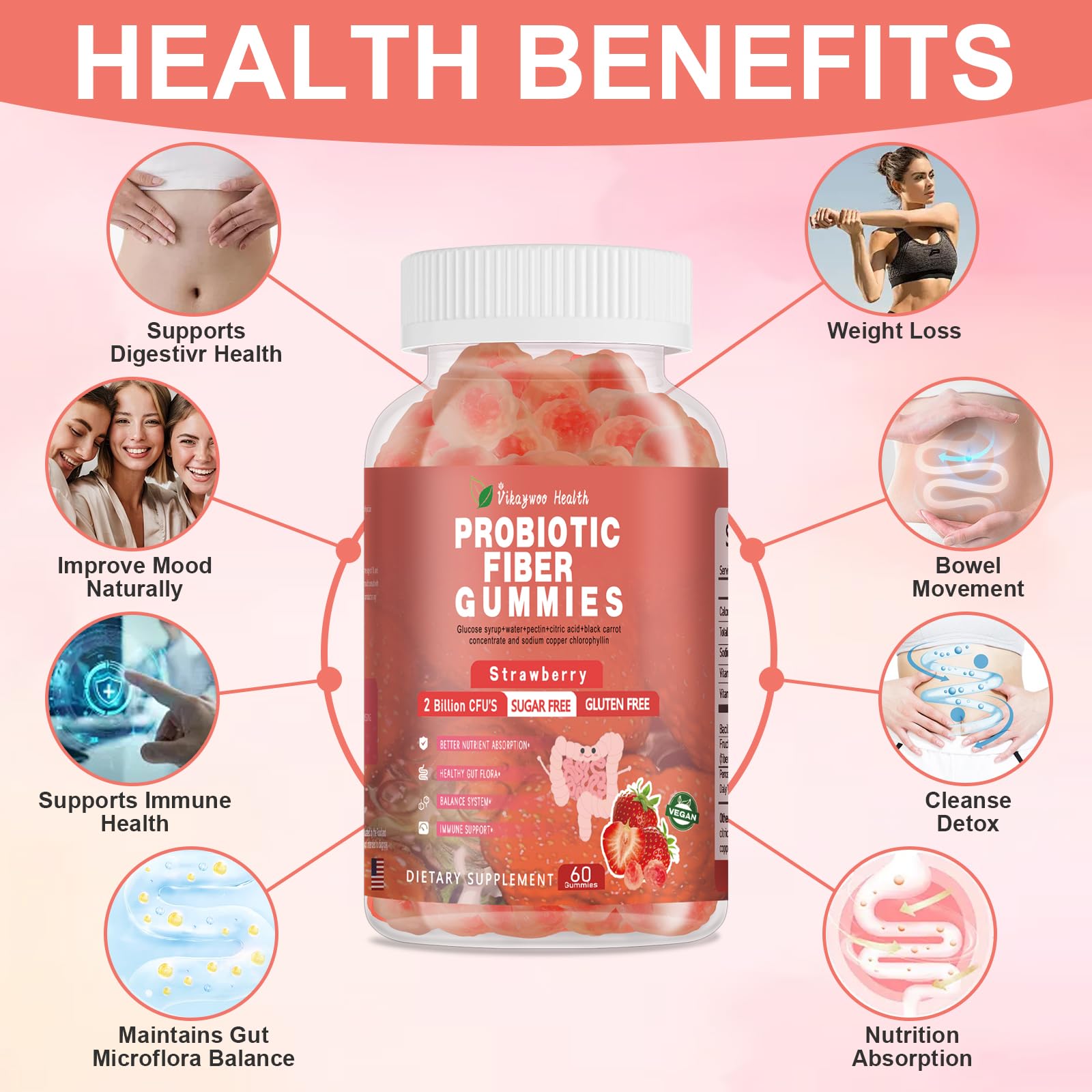 Vikaywoo Probiotic Fiber Gummies for Adults, No Sugar Added Strawberry Flavor– 2 Billion CFUs –Vitamin C,Vitamin D–Digestive Health & Regularity Support(120 Count) Vikaywoo uk supplements