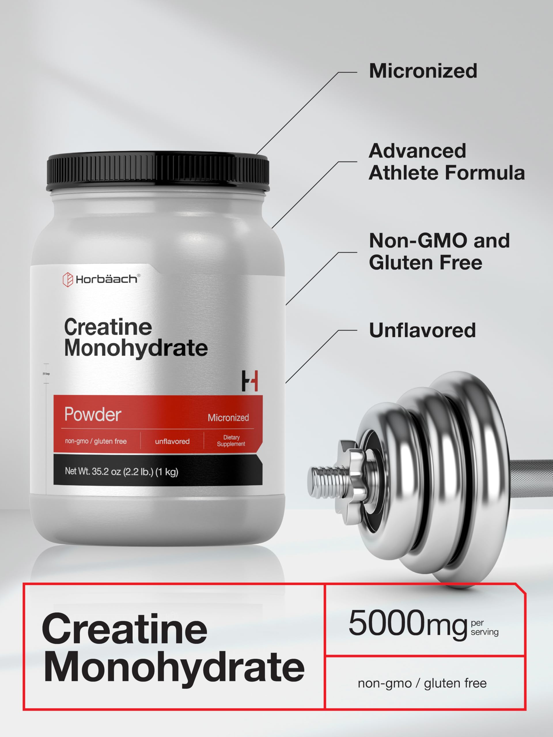 Horbäach Creatine Monohydrate Powder | 2.2lbs (35.2 oz) | Micronized and Unflavored | Vegetarian, Non-GMO, and Gluten Free Supplement Horbäach uk supplements