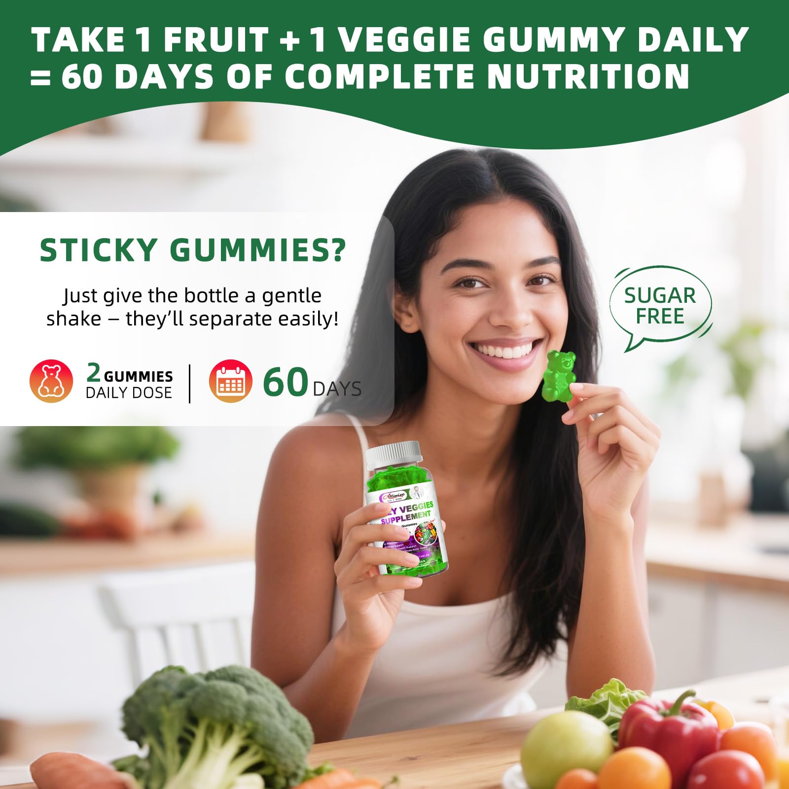 Sugar-Free Fruits & Veggies Gummies, Super Greens with 23 Fruits & 25 Veggies, Multivitamin Minerals & Fiber, Vegan Fruit & Vegetable Supplement for Adults, 120 Gummies, 2 Month Supply Alliwise uk supplements