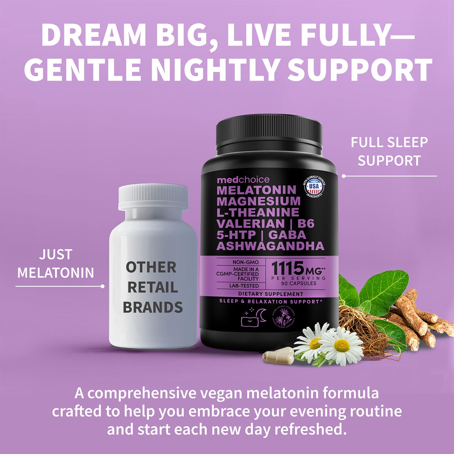 12-in-1 Melatonin Sleep Capsules - Natural Sleep Aids for Adults with Melatonin 5mg and Magnesium Glycinate 500mg, Sleep Aid with Ashwagandha, L Theanine, Valerian Root, GABA, 5-HTP (90ct, Pack of 1) MEDCHOICE uk supplements