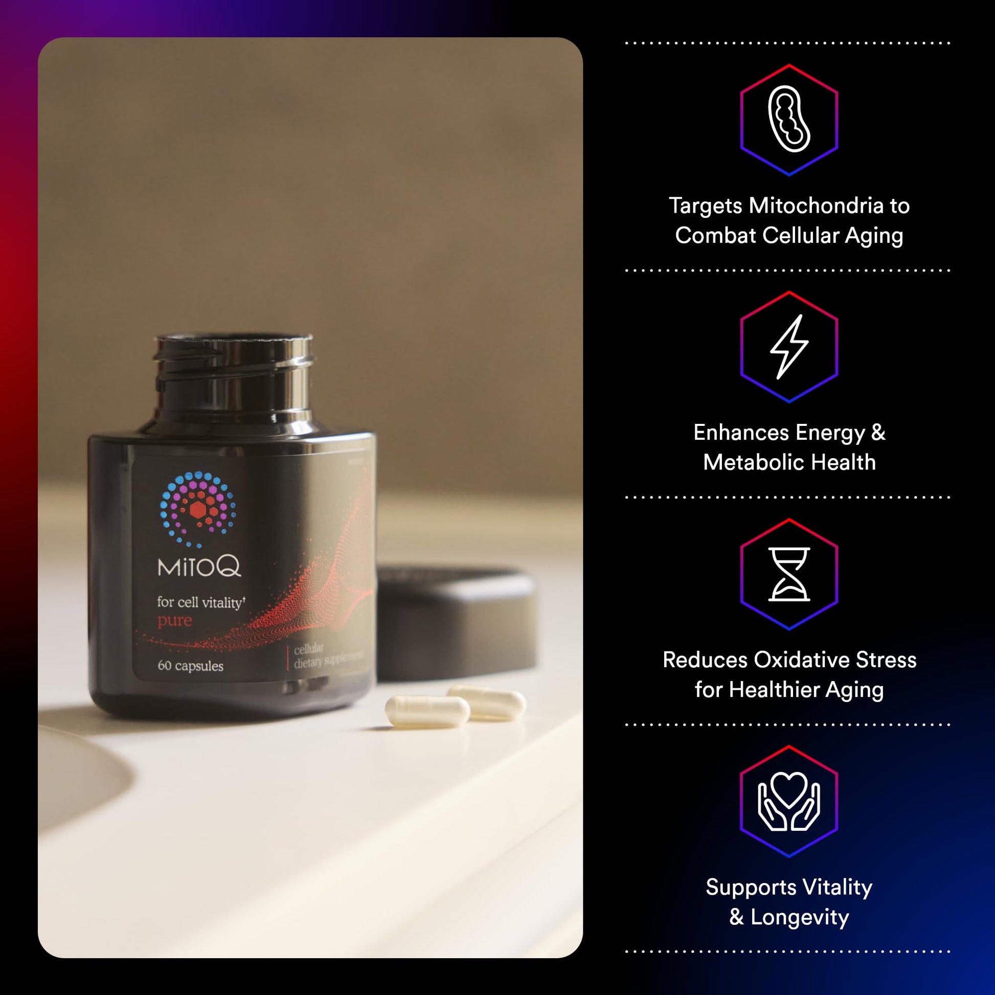 MitoQ Pure Advanced Mitochondria Supplement Superior Bioavailability to CoQ10 | Reduces Free Radical Damage for Healthy Aging, Metabolism, Heart Health, Energy, Strength & Mobility MitoQ uk supplements