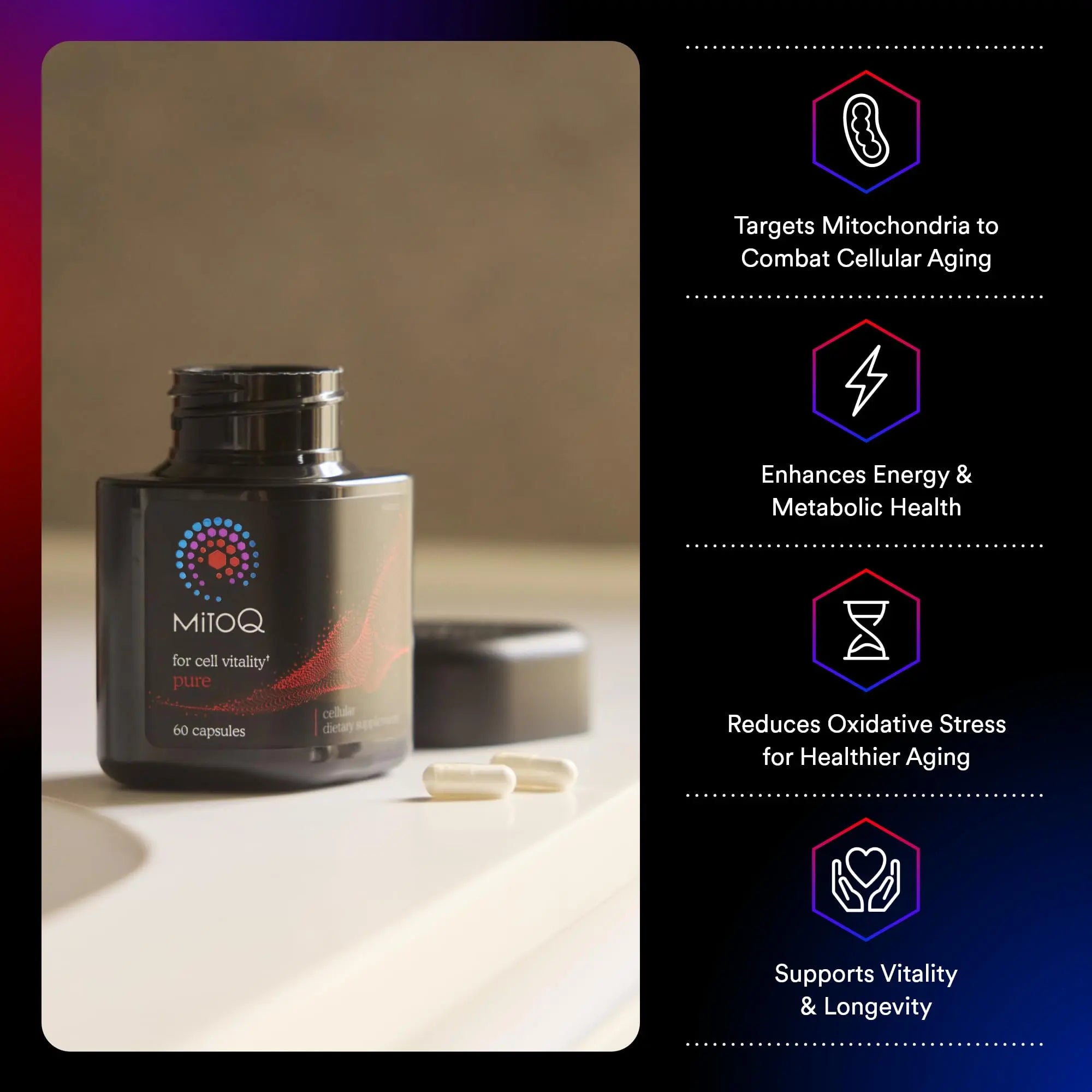 MitoQ Pure Advanced Mitochondria Supplement Superior Bioavailability to CoQ10 | Reduces Free Radical Damage for Healthy Aging, Metabolism, Heart Health, Energy, Strength & Mobility MitoQ uk supplements