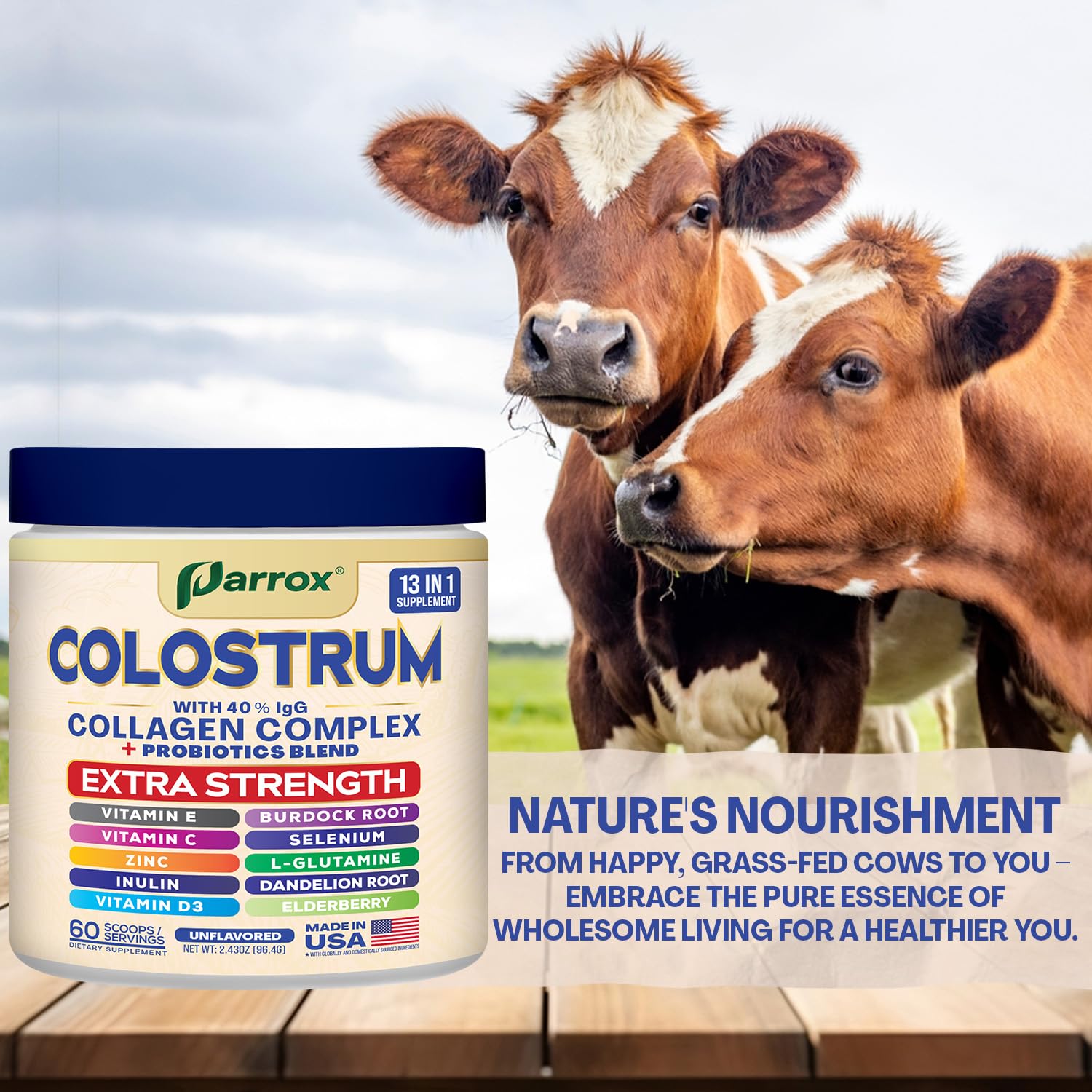 Parrox Colostrum Powder with 40% IgG, Collagen, Probiotics, Burdock Root, L-Glutamine, Elderberry, Vitamin C, Vitamin E, Vitamin D3, Inulin, Selenium, Dandelion Root, Zinc, 60 Servings (Unflavored) Parrox uk supplements