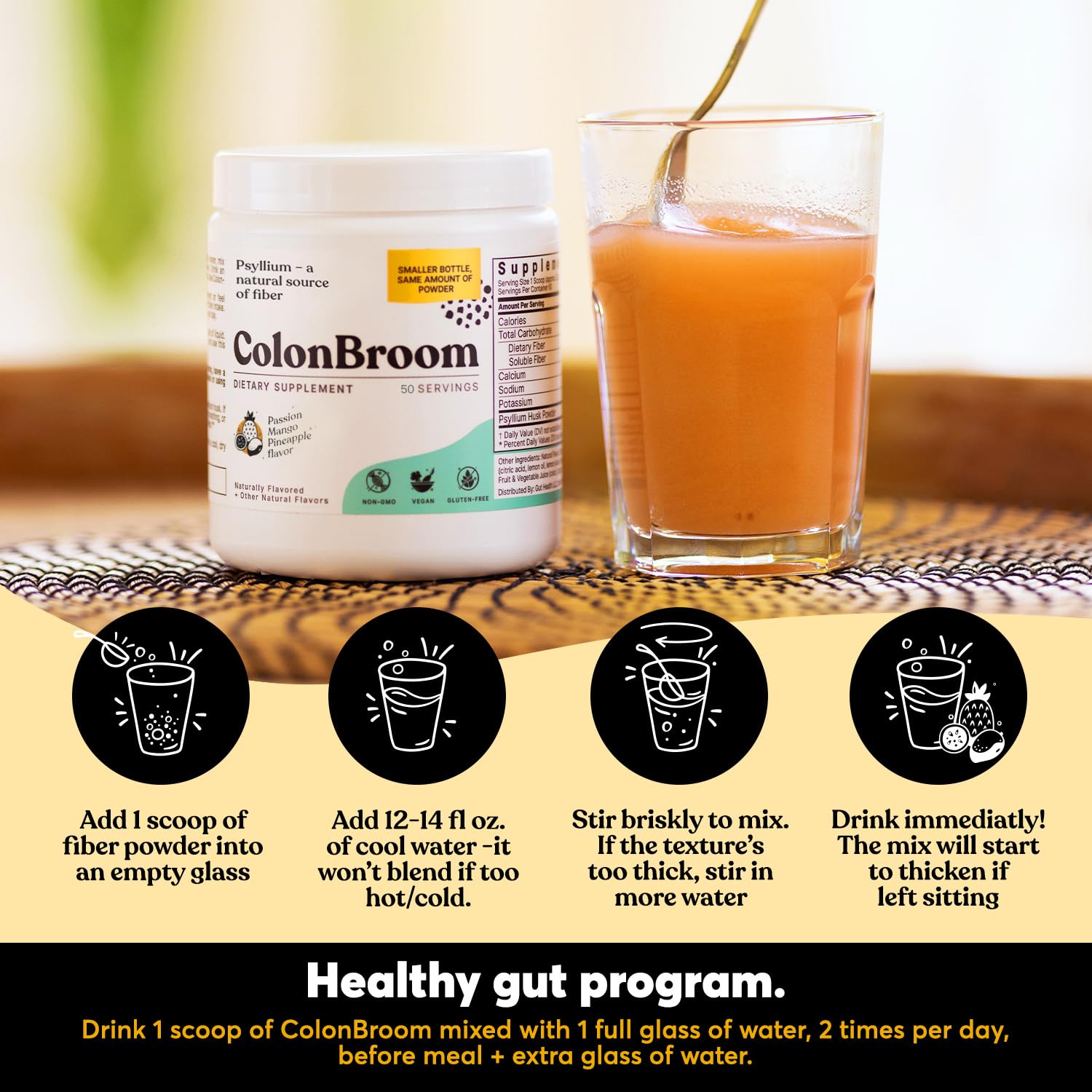 ColonBroom Psyllium Husk Powder with Stevia (Tropical Fruits) - Colon Cleanse for Bloating Relief & Gut Health - Colon Broom Fiber Powder Drink - Vegan Fiber Powder Stevia Supplement, 150 Servings ColonBroom uk supplements