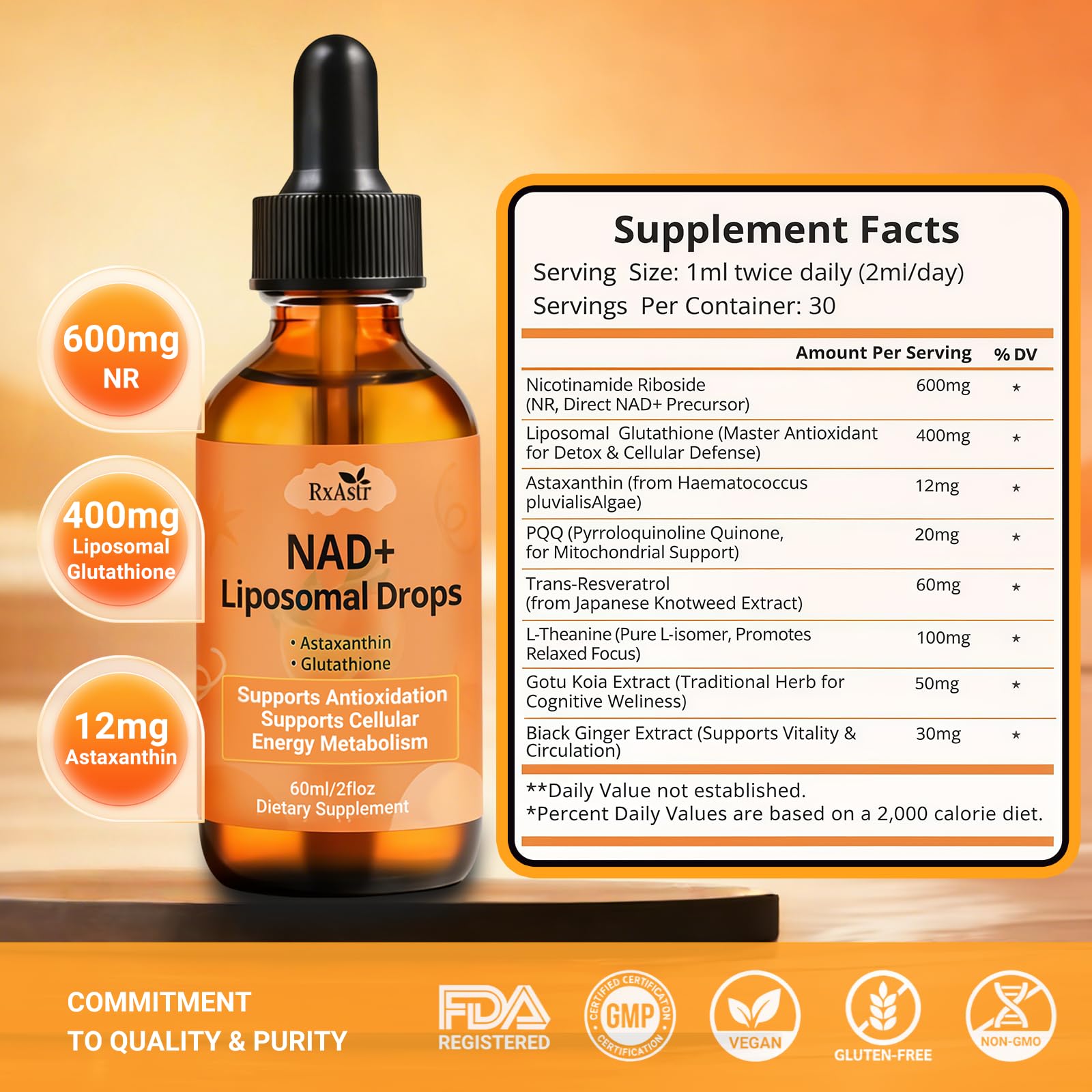 NAD+ Liposomal Drops with Astaxanthin & Glutathione, 600mg NR for Cellular Energy, Antioxidant Defense, Skin & Cognitive Support for Men & Women, Natural Citrus Flavor, Vegan, GMP Certified, 60ml RxAstr uk supplements