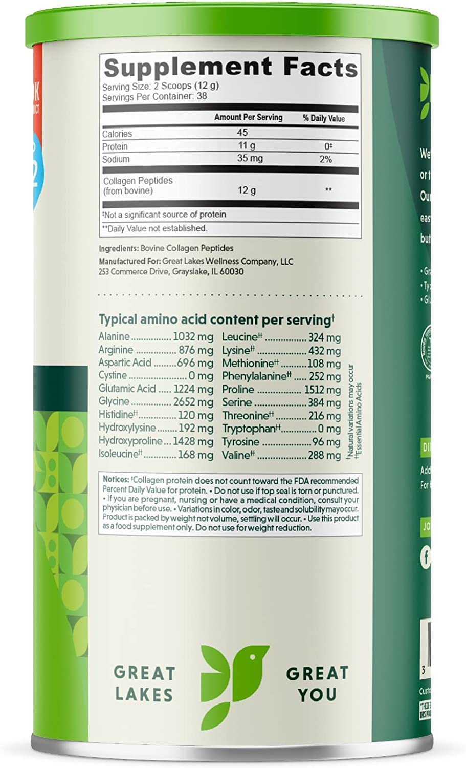 Great Lakes Gelatin Collagen Hydrolysate 454g (UK/EU Compliant can) (3) Great Lakes Gelatin uk supplements