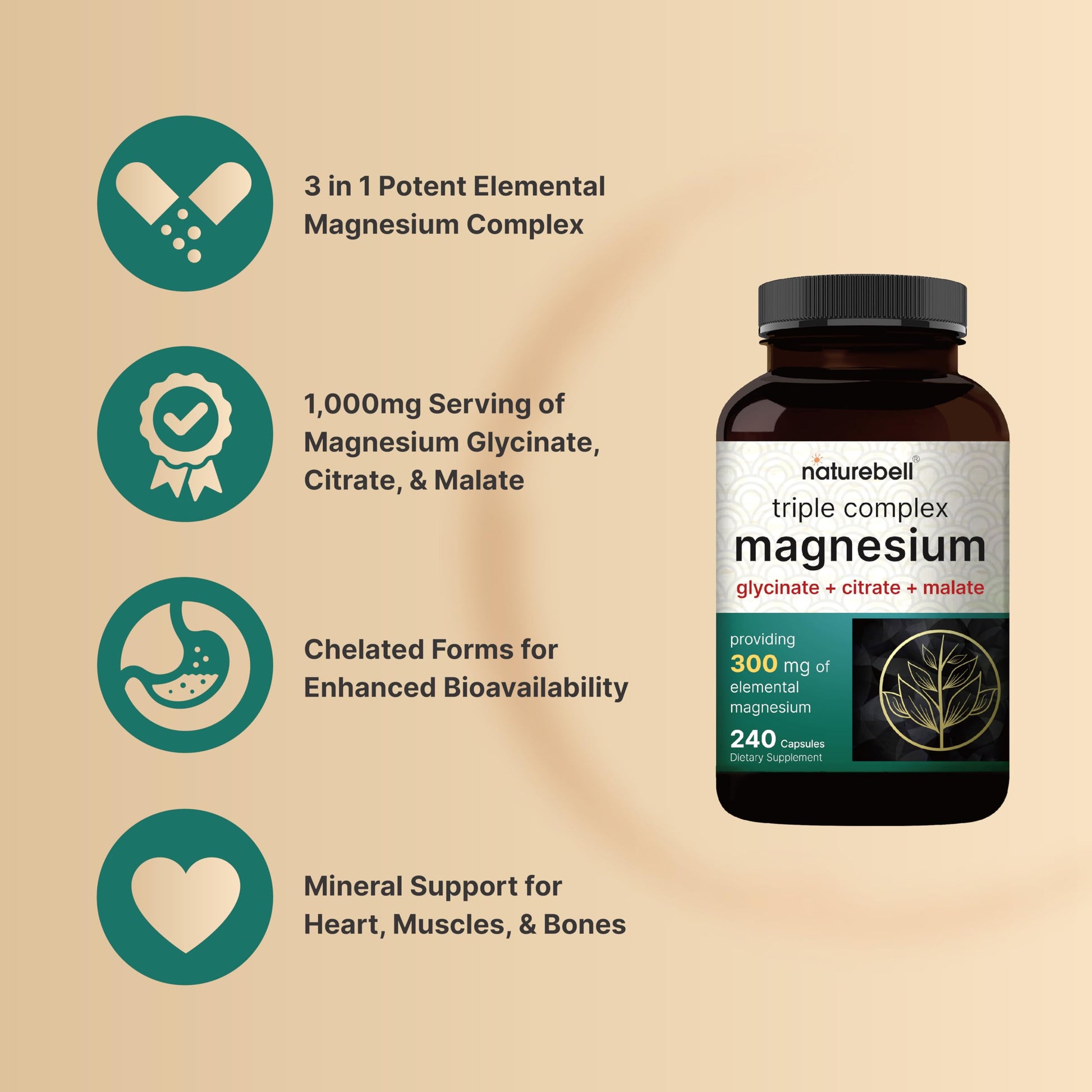 Triple Complex Magnesium Supplement, 240 Capsules | Magnesium Glycinate 500mg NatureBell uk supplements