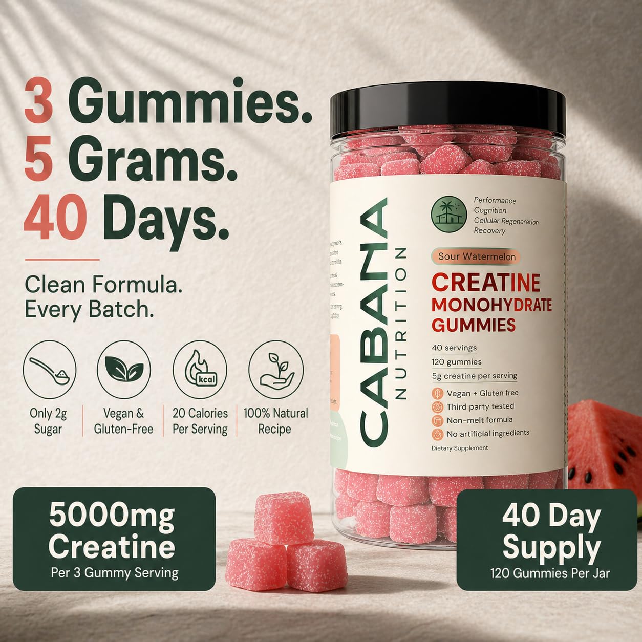 Creatine Monohydrate Gummies 5g - Only 2g Sugar, Made in USA - Sour Watermelon Flavor - Vegan & 3rd Party Tested - Pre & Post Workout Supplement for Women and Men (120 Count, 40 Servings) Cabana Nutrition uk supplements
