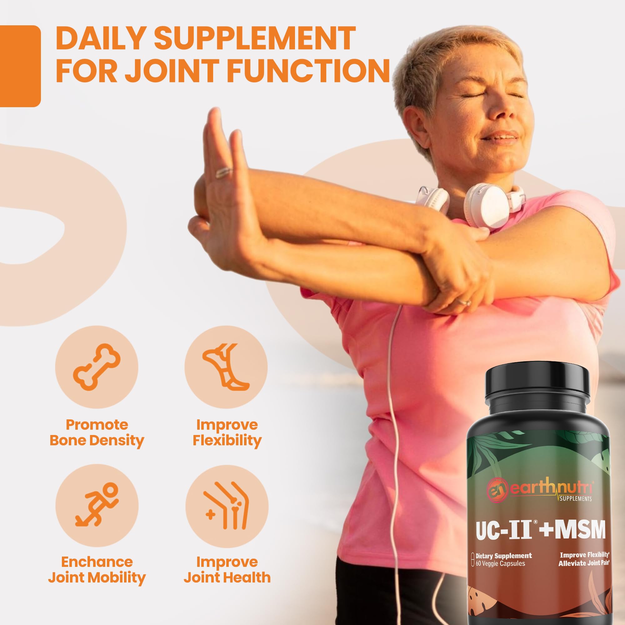 EarthNutri UC-II Collagen & MSM Supplement for Bone Health and Joint Flexibility Joint Supplement - 40mg UC-II Providing 10mg Total Collagen & 1000mg MSM - 60 Capsules (2 Caps Daily) EarthNutri uk supplements