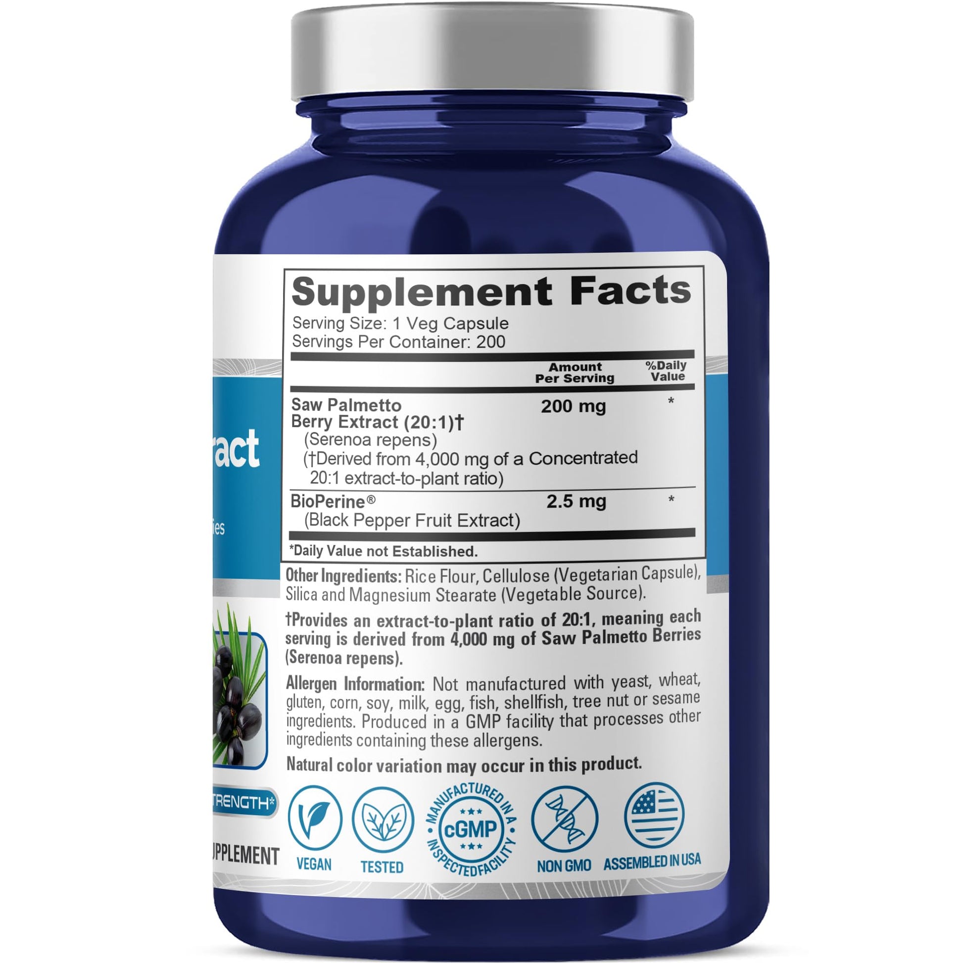 NusaPure Saw Palmetto 20:1 Extract, 200 mg Equivalent to 4,000 mg per Veggie Caps 200 Count Non-GMO, Vegan, Vegetarian, Bioperine NusaPure uk supplements