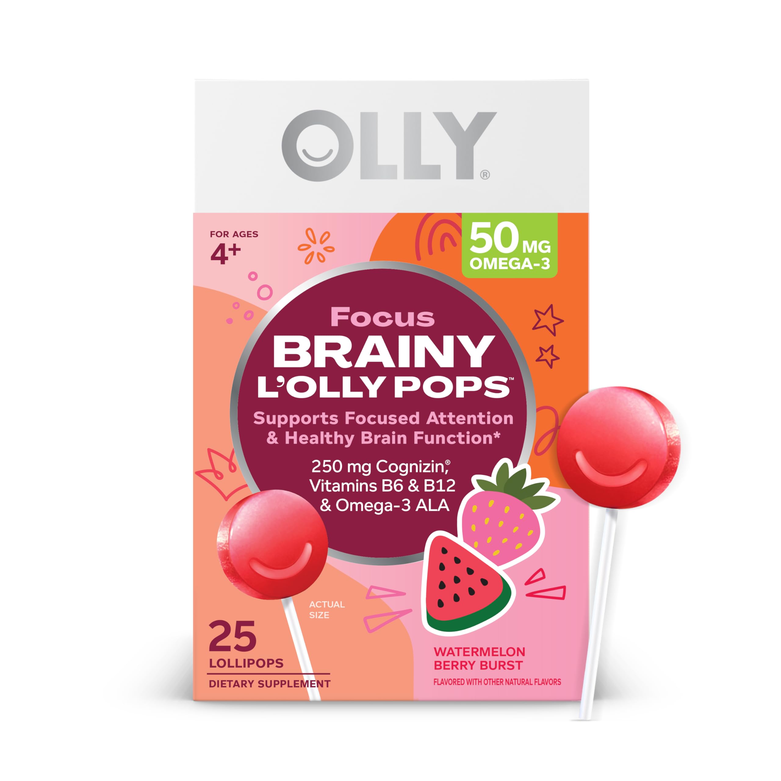 OLLY Focus Buddies L’OLLY Pops, Cognizin, Vitamins B6 and B12, Omega-3 ALA, Supports Focused Attention and Healthy Brain Function,* Kids 4+ Dietary Supplement, Watermelon Strawberry Flavored, 25 Count OLLY uk supplements