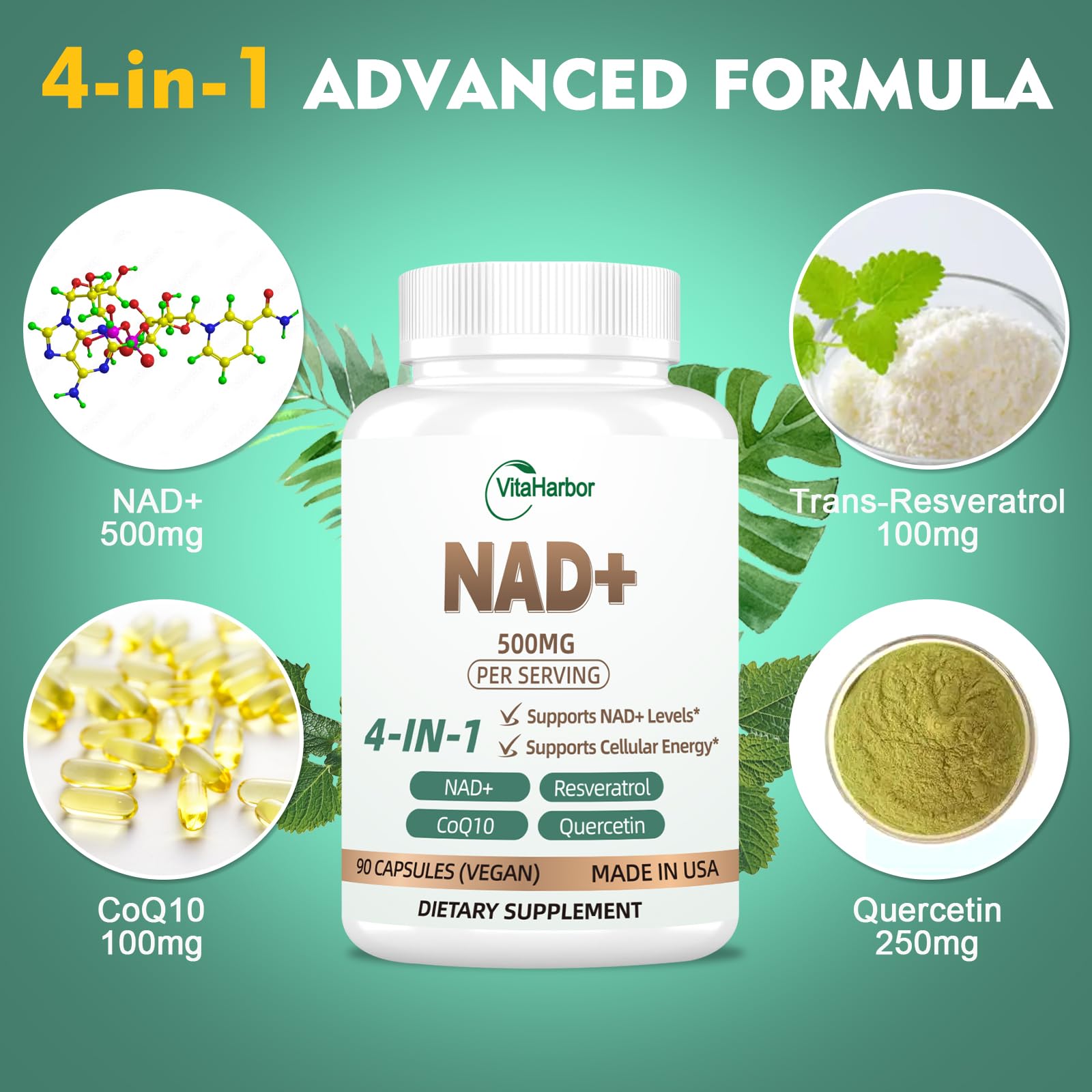 NAD Supplement 500mg, Pure Organic NAD+ Supplement for Women & Men, NAD+ with Trans-Resveratrol & CoQ10 & Quercetin for Cellular Energy & Healthy Aging, NMN Alternative (90 Vegan Caps) VitaHarbor uk supplements