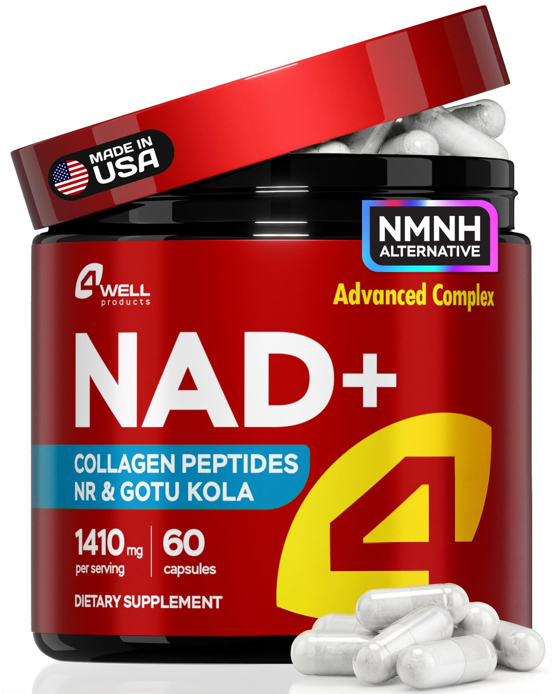 Gotu Kola and NAD Plus Supplement 1400mg - NMNH Supplement Alternative Supports Healthy Aging Complex with Nicotinamide Riboside & Gotu Kola, Collagen - Formula for Energy, Skin & Cognitive, 60 Caps 4Well Products uk supplements