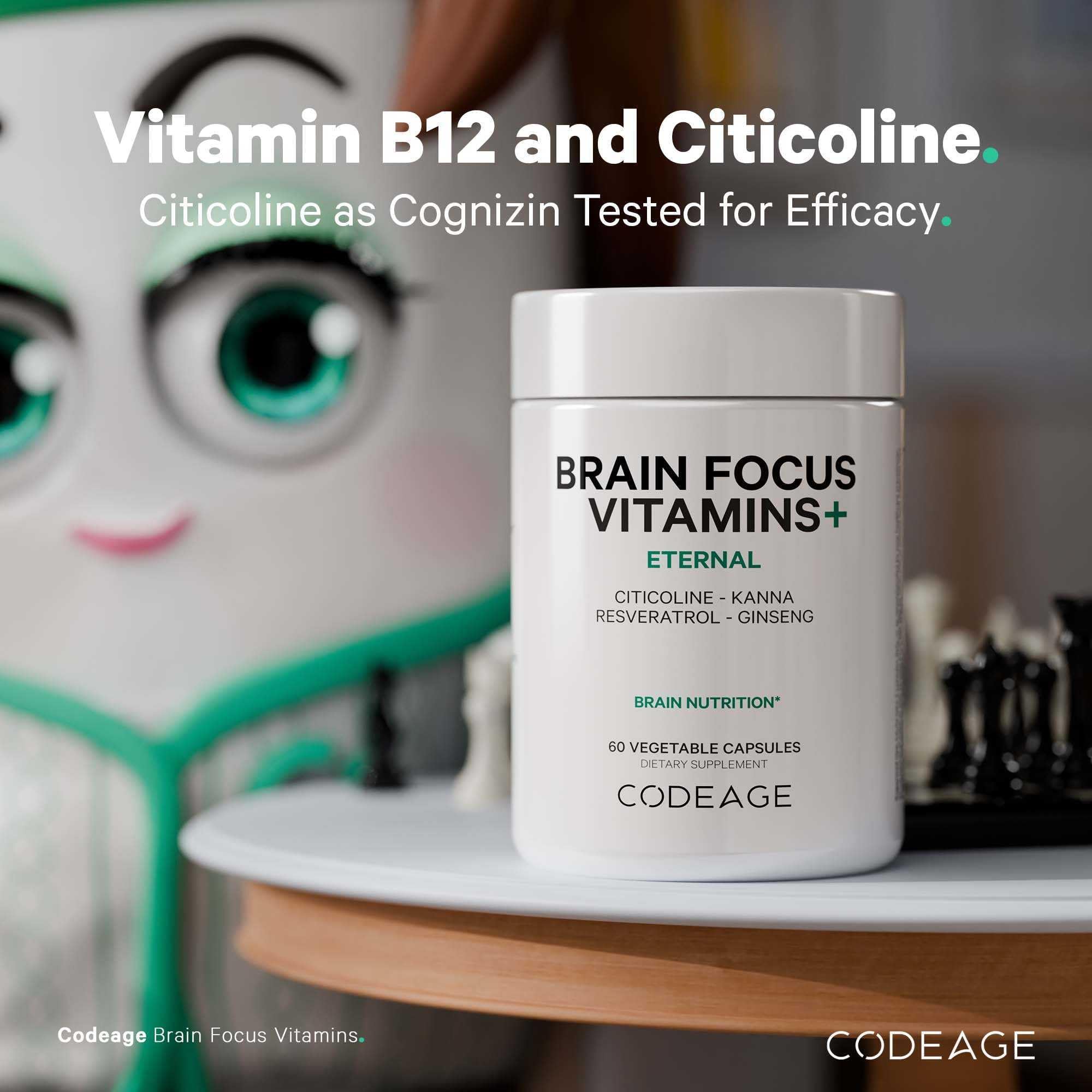 Codeage Brain Focus Vitamins+ Nootropic Supplement with Citicoline as Cognizin, Panax Ginseng, Resveratrol, Gotu Kola, Vitamin B12 Methylcobalamin - Liposomal Delivery - Non-GMO - 60 Capsules Codeage uk supplements