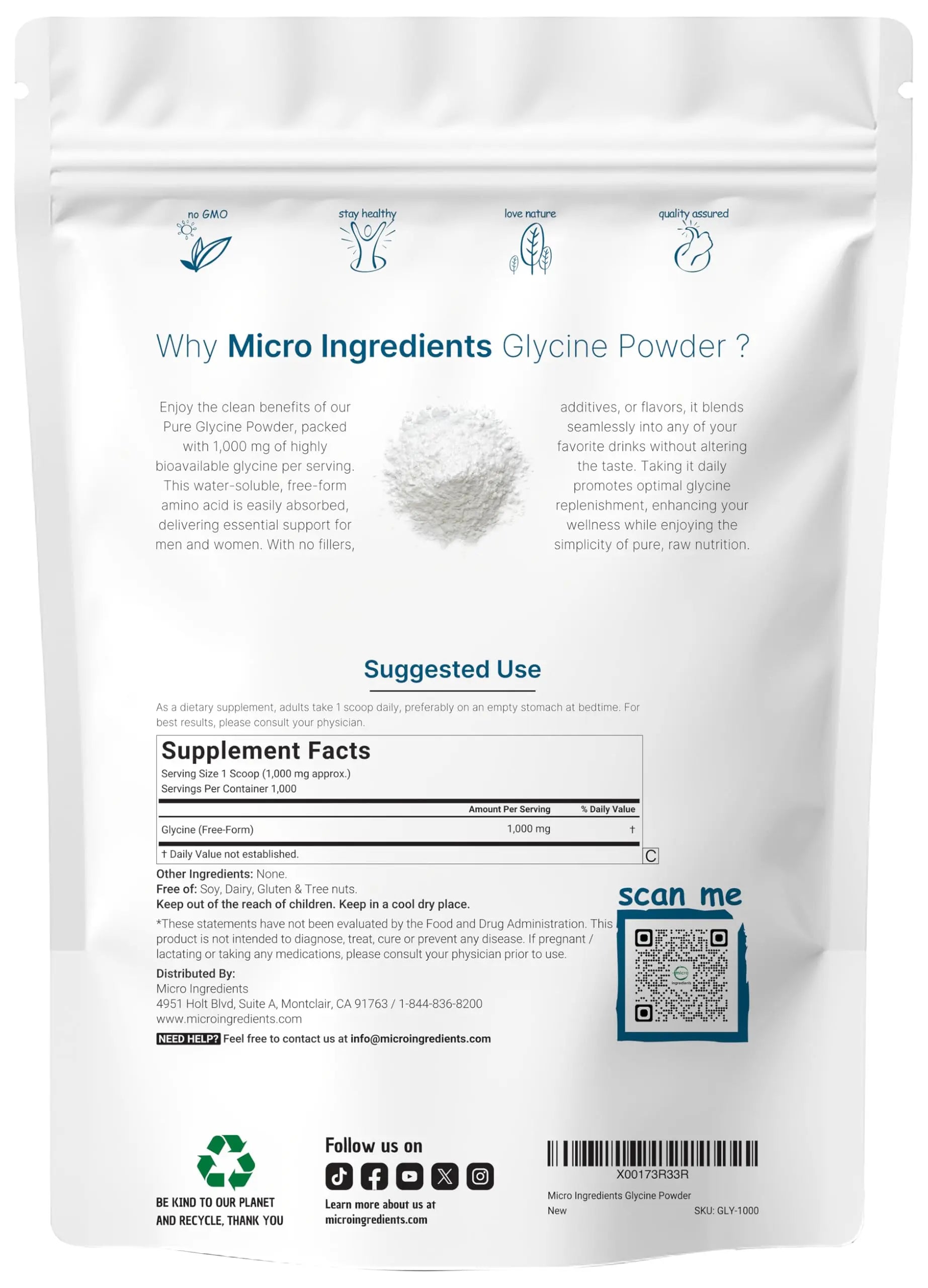 Micro Ingredients Glycine Powder, 1KG (2.2 Pounds), Glycine 1000mg Per Serving, Water Soluble and Products of USA Micro Ingredients uk supplements