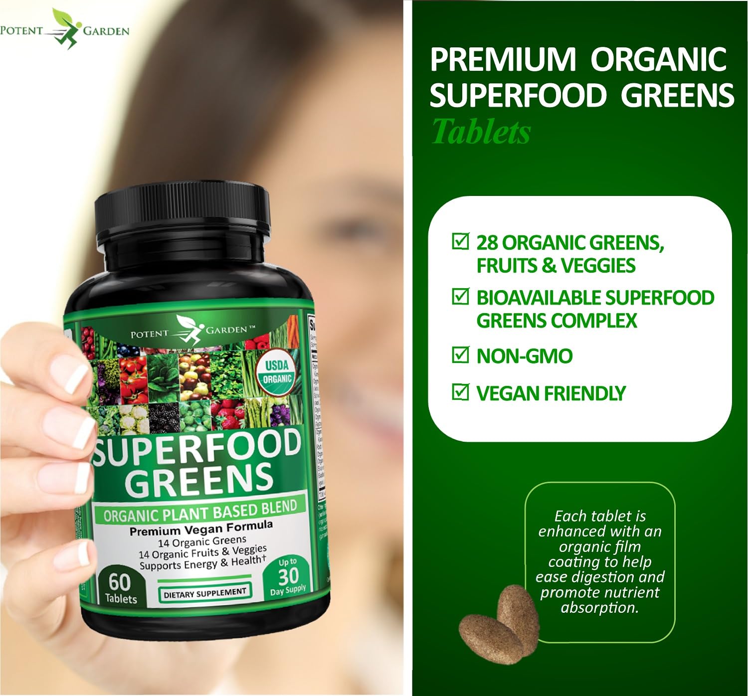 Potent Garden Organic Superfood Greens, Fruit and Veggies Supplement Rich in Vitamins & Antioxidants with Alfalfa, Beet Root & Tart Cherry to Boost Energy, Immunity & Gut Health, Greens Tablets 60 Ct Potent Garden uk supplements