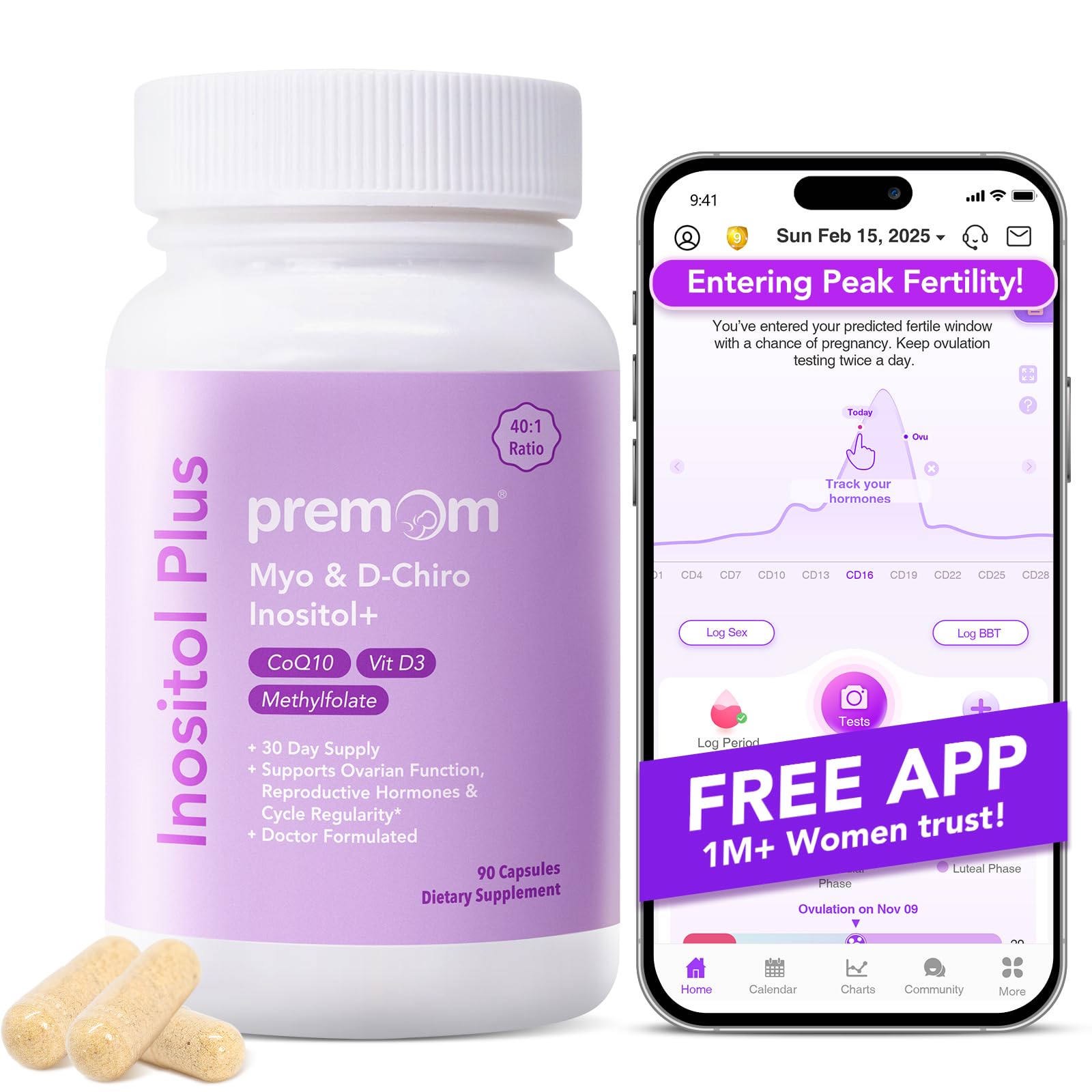 Premom Inositol Plus - 2000mg Myo-Inositol & 50mg D-Chiro Inositol, CoQ10, Folate & Vitamin D3-40:1 Ratio - Supports Hormonal Balance, Ovarian & Reproductive Health - 30 Day Supply Premom uk supplements
