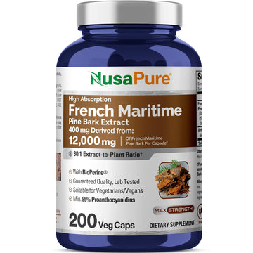 NusaPure French Maritime Pine Bark 30:1 Extract, 400 mg Equivalent to 12,000 mg Per Veggie Caps 200-Day Supply, Bioperine (Non-GMO & Vegan) NusaPure uk supplements