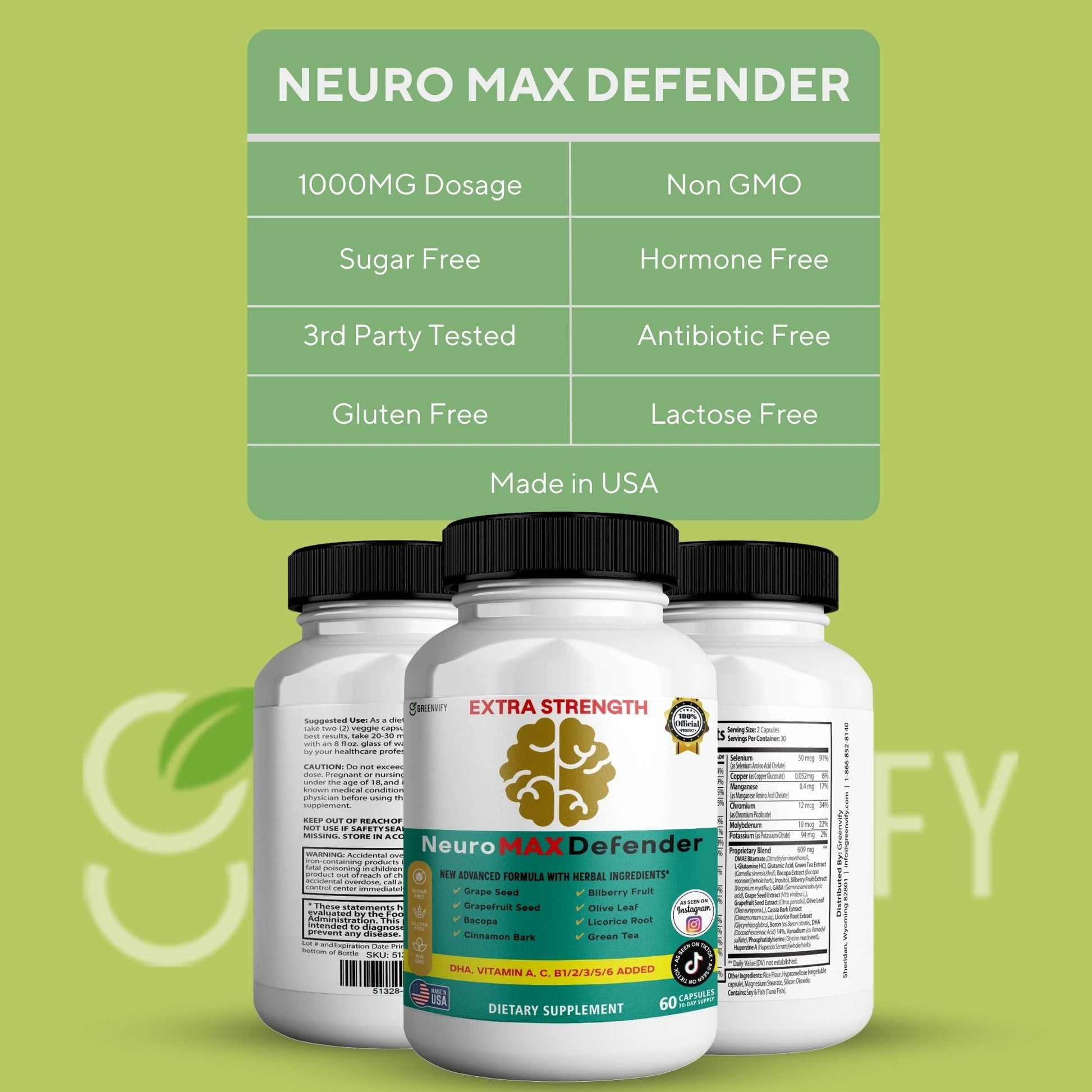 GREENVIFY NeuroMAX Defender Extra Strength Brain Support Supplement with Herbal Blend, 60 Capsules, DHA, B12, Vitamins A C D E, Selenium, 30-Day Supply (1) GREENVIFY uk supplements