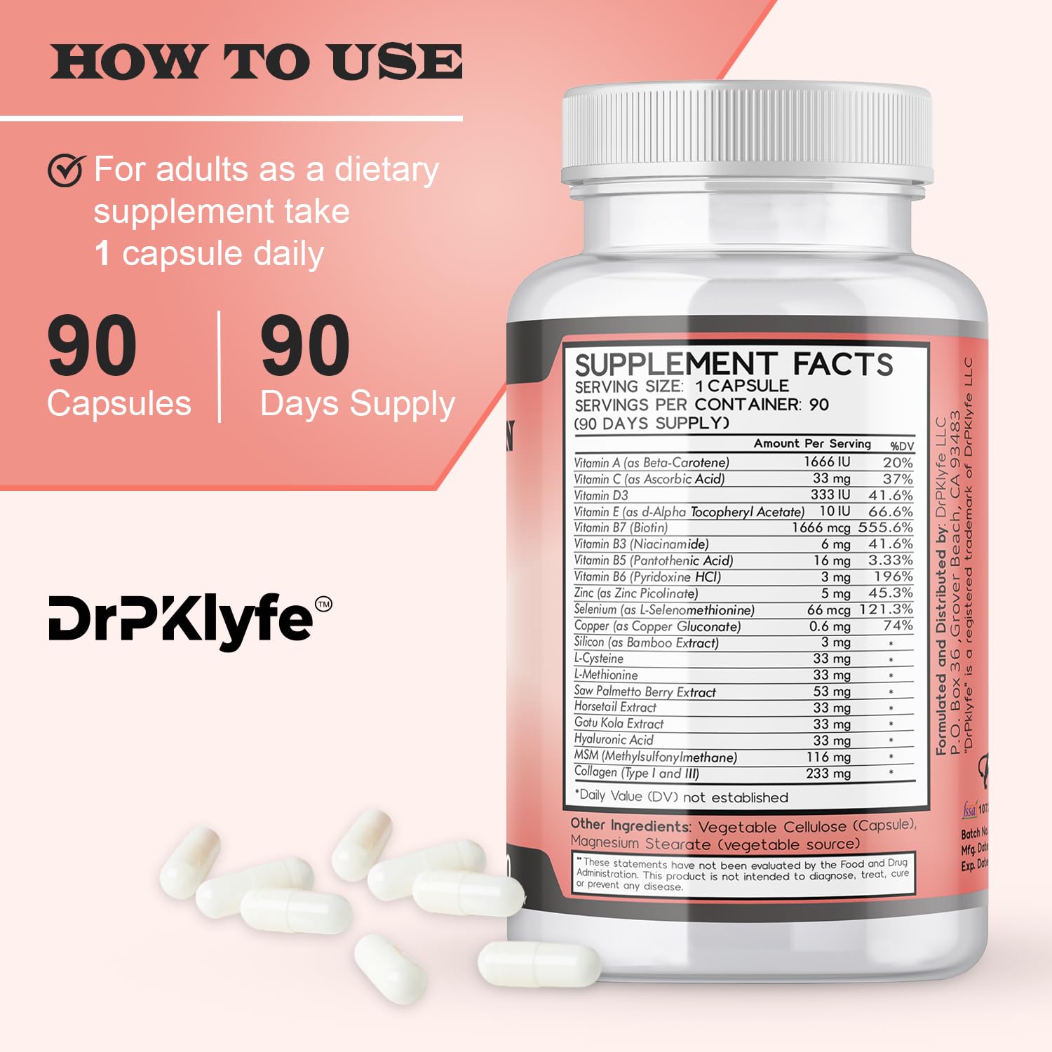 DrPKLyfe Hair, Nail and Skin Supplement Capsules:Biotin, Collagen, Collagen Peptides, Acid Hyaluronic, Biotin, Vitamin A, C, B5, B6 Saw Palmetto & More - 90 Capsules. DrPKLyfe uk supplements