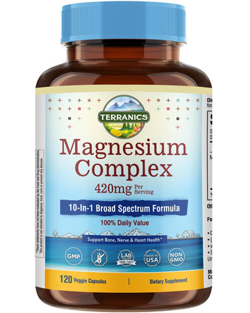 Terranics Magnesium Complex Supplement 420mg, 10-in-1 Full-Spectrum Formula, Glycinate, Citrate, Malate & More, Max Absorption, Bone and Heart Support, 120 Veggie Caps Terranics uk supplements