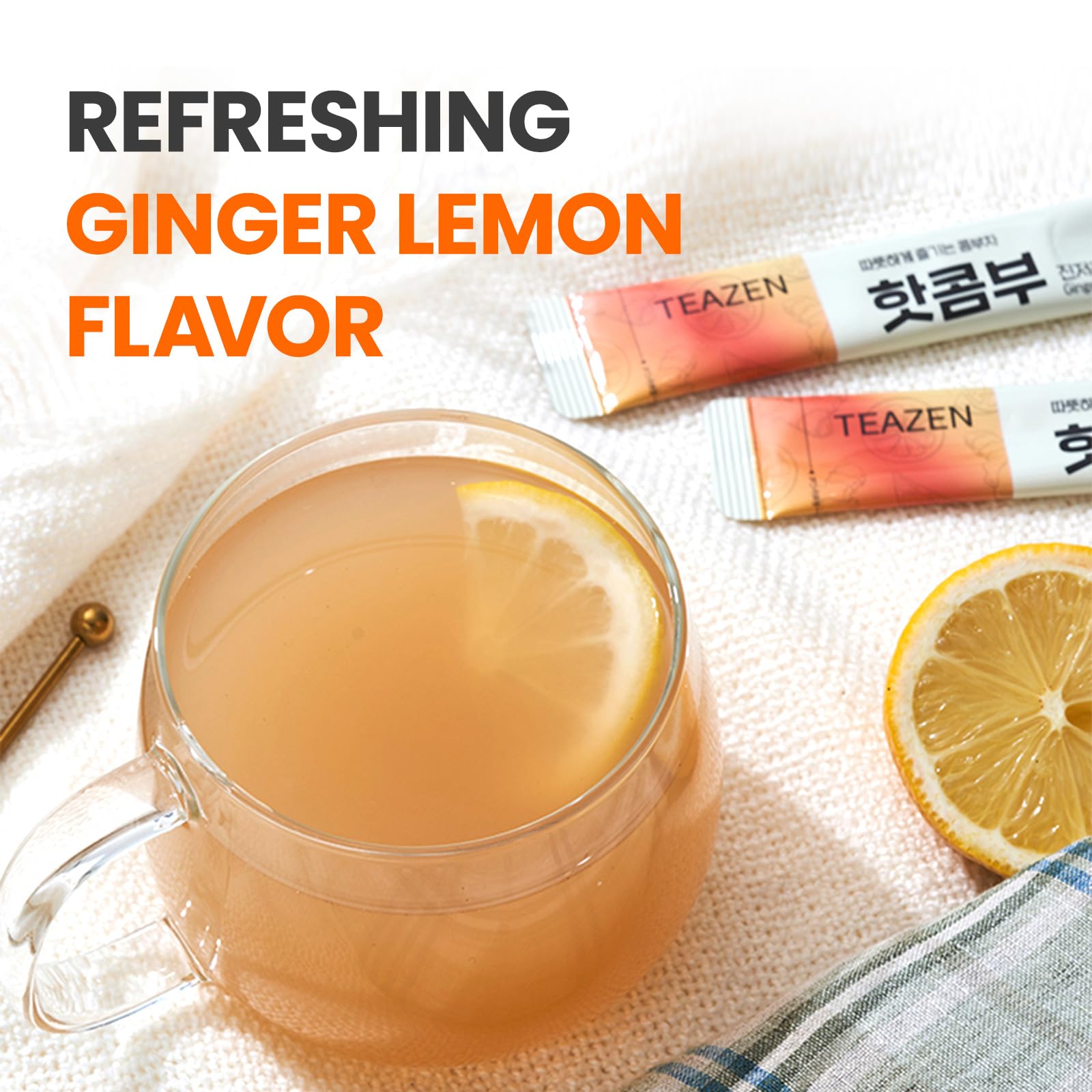 TEAZEN Lemon Ginger Hot Kombucha Tea, Live Probiotics & Postbiotics, Relaxation and Warmth for Colds and Sore Throat, Hydration Drink Mix, Sugar Free, 30 Sticks, 5.29oz TEAZEN uk supplements