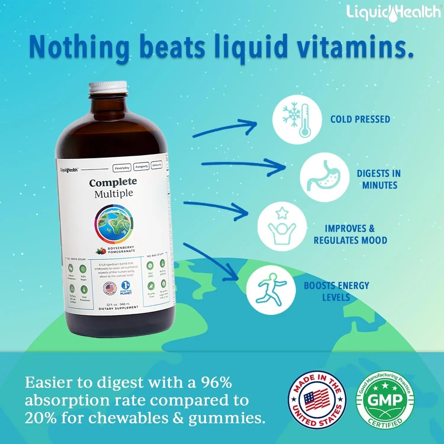 LIQUIDHEALTH Complete Multiple Adult Liquid Multivitamin - Essential Vitamins, Minerals & Nutrients, Immune Support, Gut Health, Energy, Detox LIQUIDHEALTH uk supplements