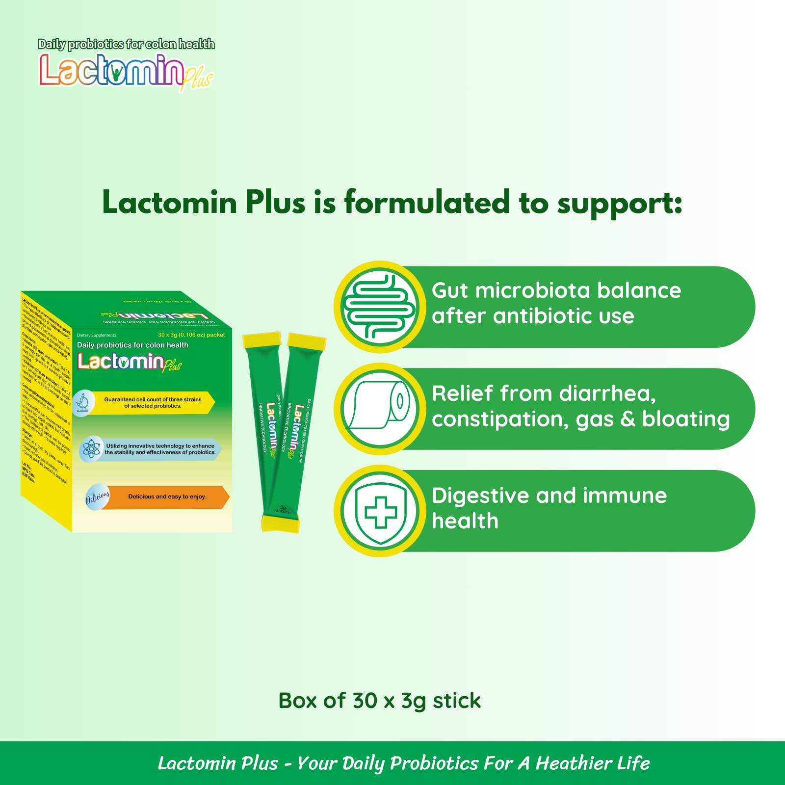 Probiotics - LactominPlus-3 Probiotics Strains - Powder - Sweet Yogurt Flavor - 30 Sticks x 3g (1month), 1.5 Billion CFU, with Prebiotics(FOS), Constipation & Bloating Relief, Microencapsulated Lactomin uk supplements