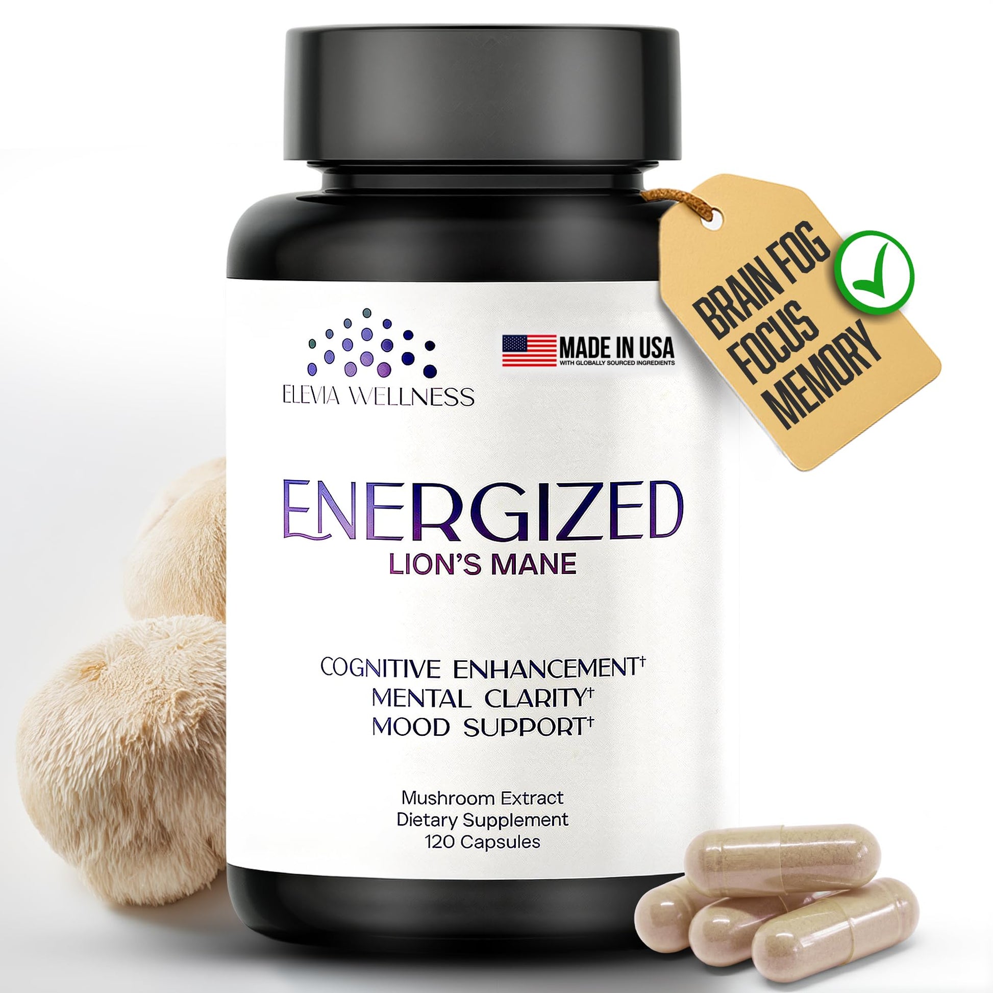 Energized Lions Mane Supplement Capsules (120ct),Brain Supplements for Memory and Focus, Nootropic for Brain Fog Relief Made in USA,30% Polysaccharides,Natural Brain Health Support Elevia Wellness uk supplements