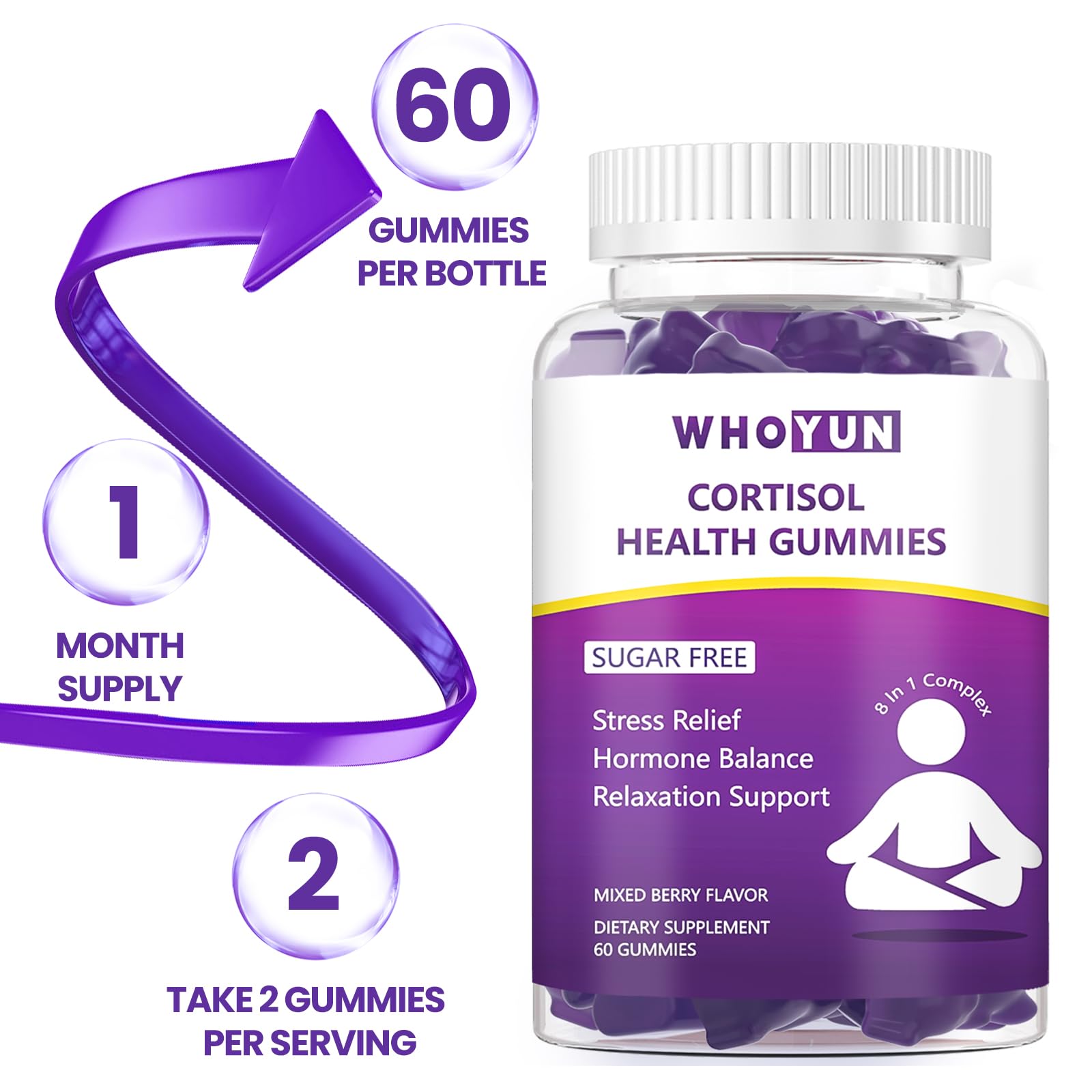 Whoyun Cortisol Supplement Gummies for Women, Lower Cortisol with Phosphatidylserine Ashwagandha Magnesium, Stress Relief, Vegan Sugar Free, 60 Count Whoyun uk supplements