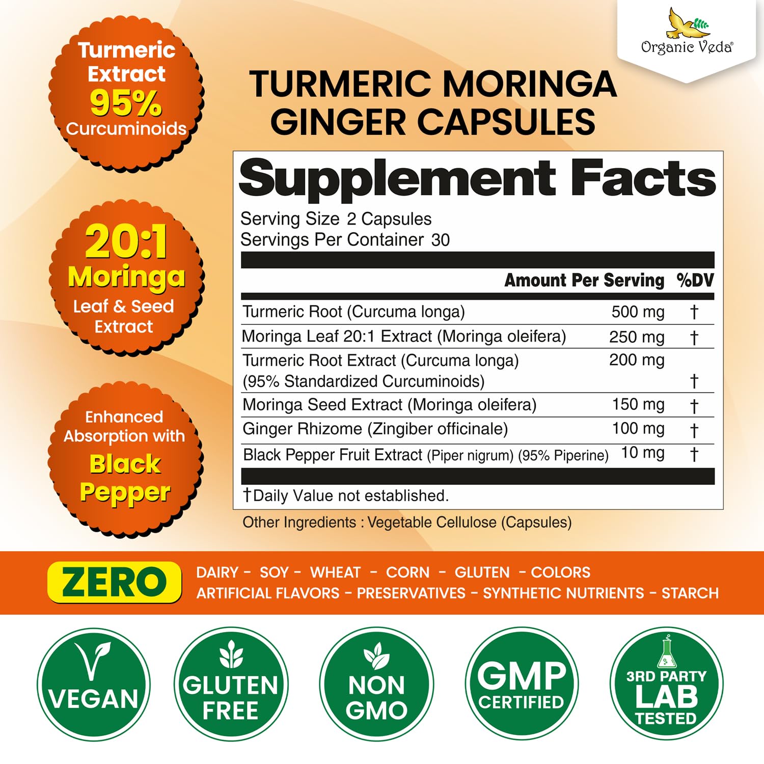 Organic Veda Turmeric Moringa Ginger Capsules - Super Antioxidants & Curcumin Supplement with 20:1 Moringa Leaf & Seed Extract, Black Pepper - Energy, Joints, Heart Health Support - 60 Vegan Pills Organic Veda uk supplements