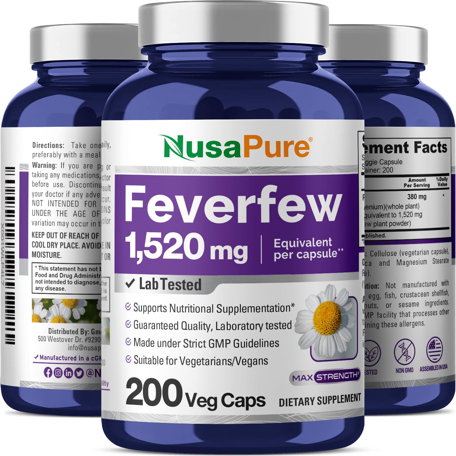 NusaPure Feverfew Extract 4:1 - Suitable for Vegetarian/Vegan, Non - GMO - 1520mg 200 Capsules NusaPure uk supplements