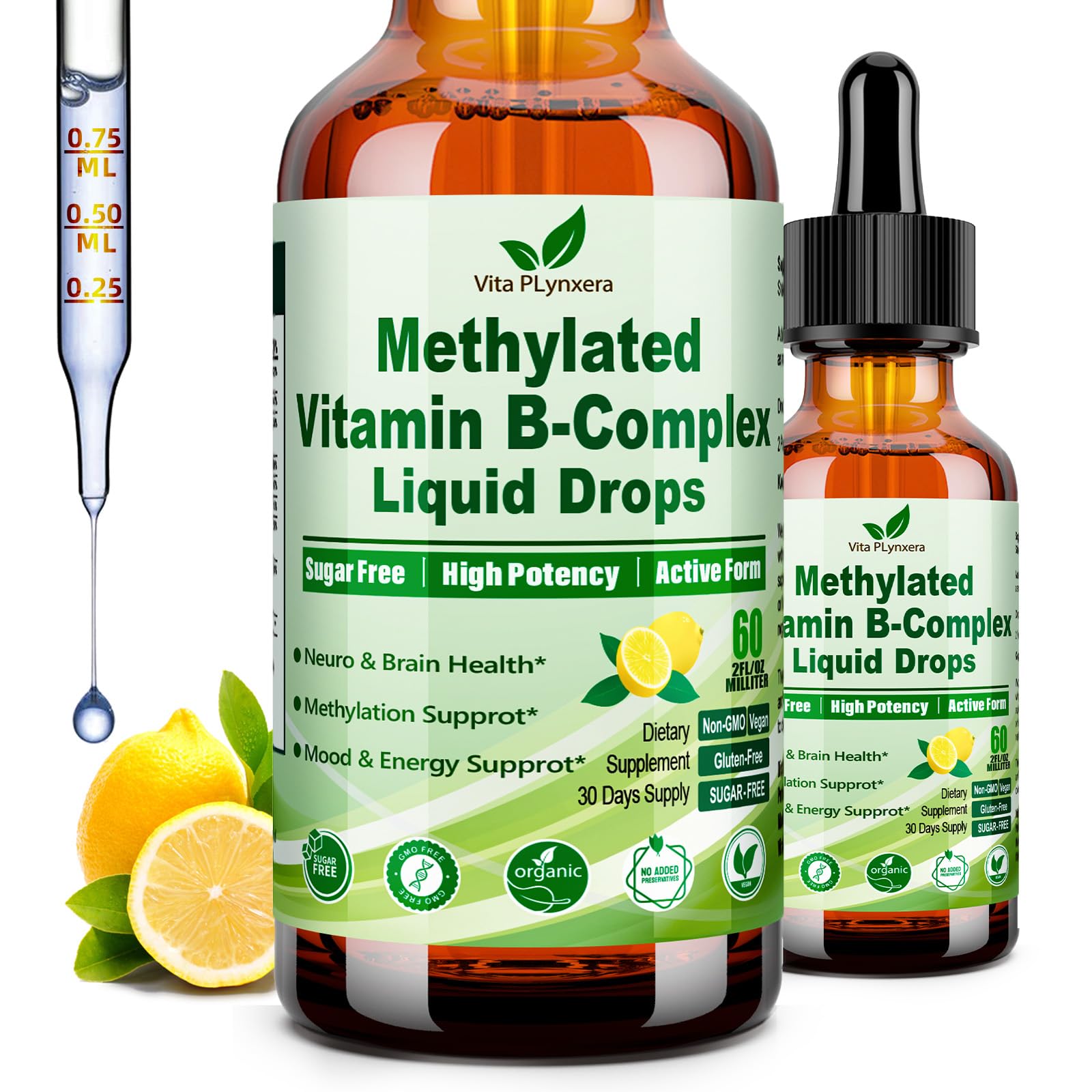 Methylated B Complex Liquid Drop Complete 9-in-1 Methyl B Vitamins w. B12 Methylfolate Inositol Choline TMG Vitamin C E, Super B-Complex Methylated for MTHFR Support, Energy Mood Nerve & Brain Health1 Vita PLynxera uk supplements