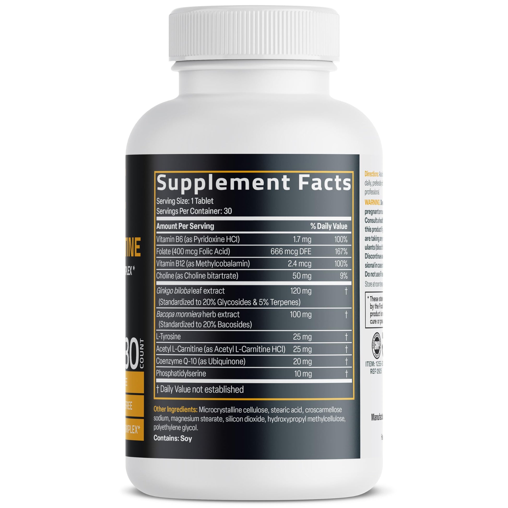 Bronson Ginkgo, Bacopa & Acetyl L-Carnitine Brain & Memory Support Complex with L-Tyrosine, Choline, CoQ10 & Phosphatidylserine Plus Key B Vitamins Non-GMO, 30 Tablets Bronson uk supplements