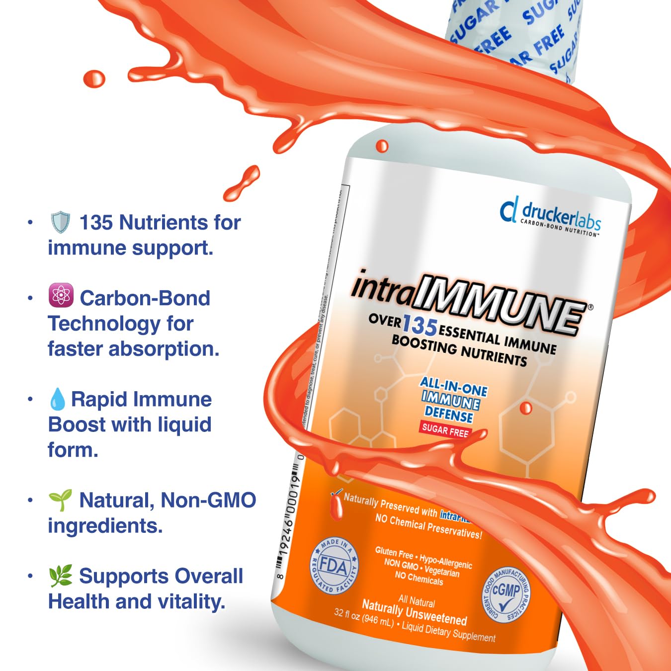 Drucker Labs -intraIMMUNE Organic Liquid Daily Immune & Defense Support, Multivitamin, Elderberry, Echinacea, Zinc, Vitamin D, C E, Vegan, Non GMO, Gluten Free (32 oz., Sugar Free Peach Berry) intraIMMUNE uk supplements