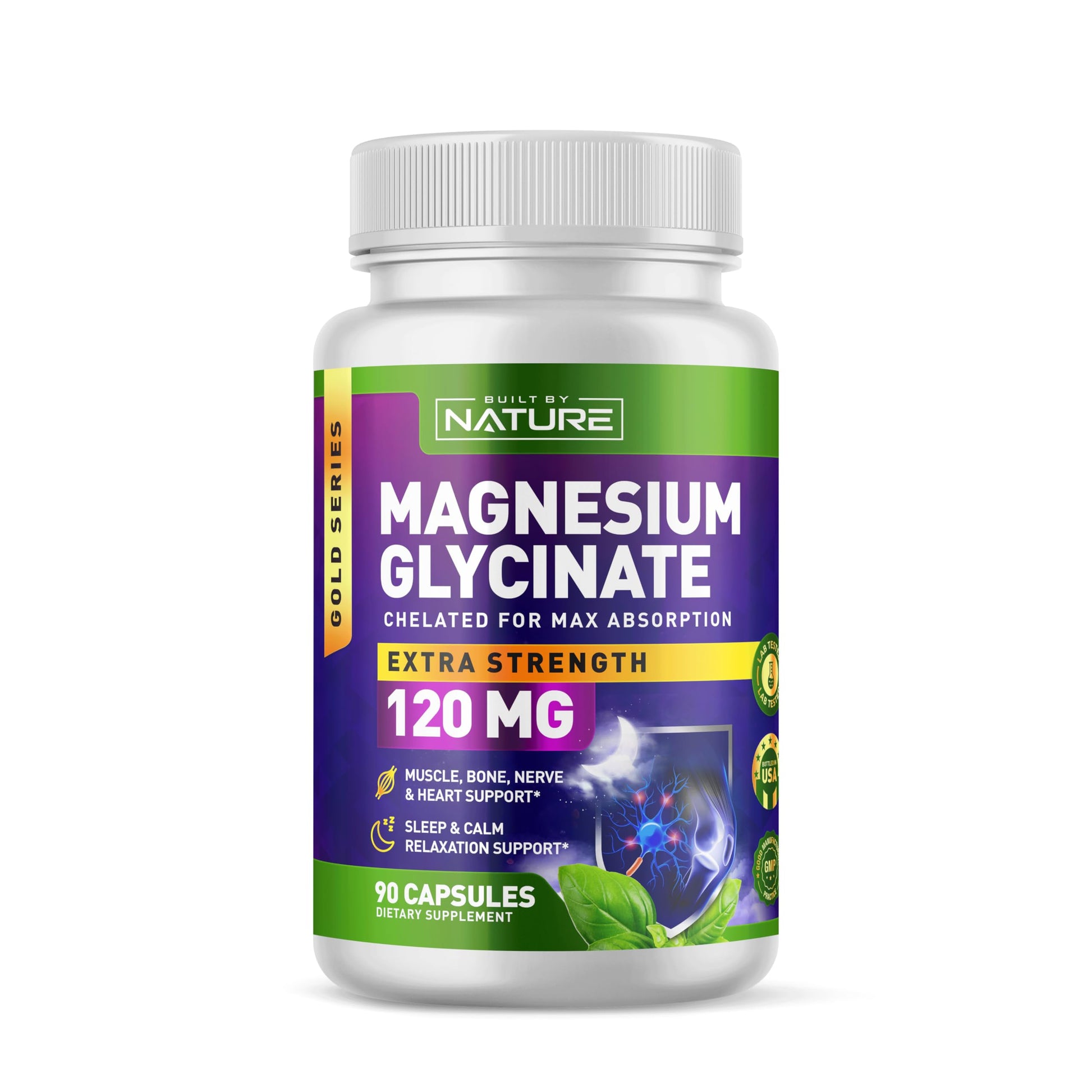Built By Nature Magnesium Glycinate - Chelated for High Absorption – Supplement to Support Sleep, Muscle, Heart & Nerve Health - 120 mg Magnesium per Serving/Capsule - 90 Capsules Built by Nature uk supplements