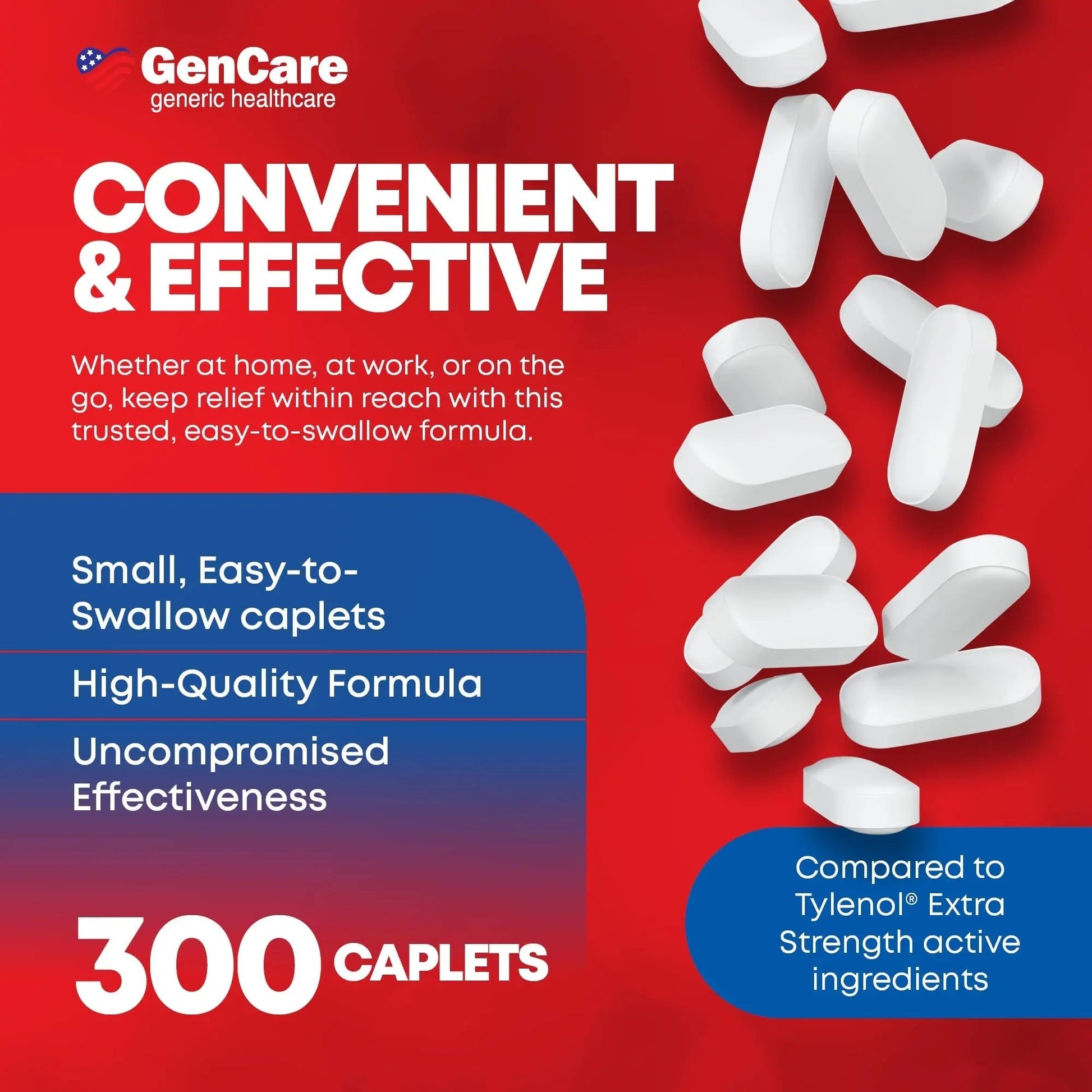 GenCare - Acetaminophen 500mg Extra Strength Pain Relief (300 Caplets) - Multi Symptom Pain Reliever for Headache, Sinus, Arthritis, Back Pain Muscle Ache, Toothache, Fever Reducer, Migraine GenCare uk supplements