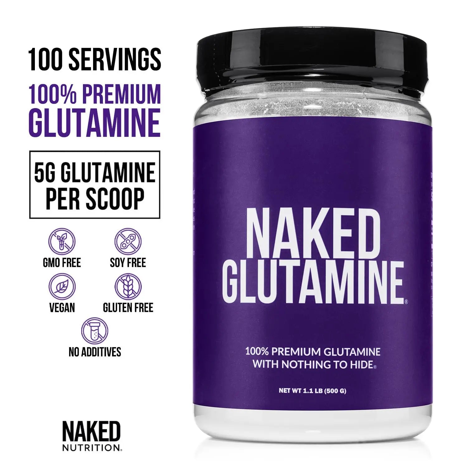 Pure L-Glutamine Made in The USA - 100 Servings - 500g, 1.1lb Bulk, Vegan, Non-GMO, Gluten and Soy Free. Minimize Muscle Breakdown & Improve Protein Synthesis. No Additives NAKED uk supplements