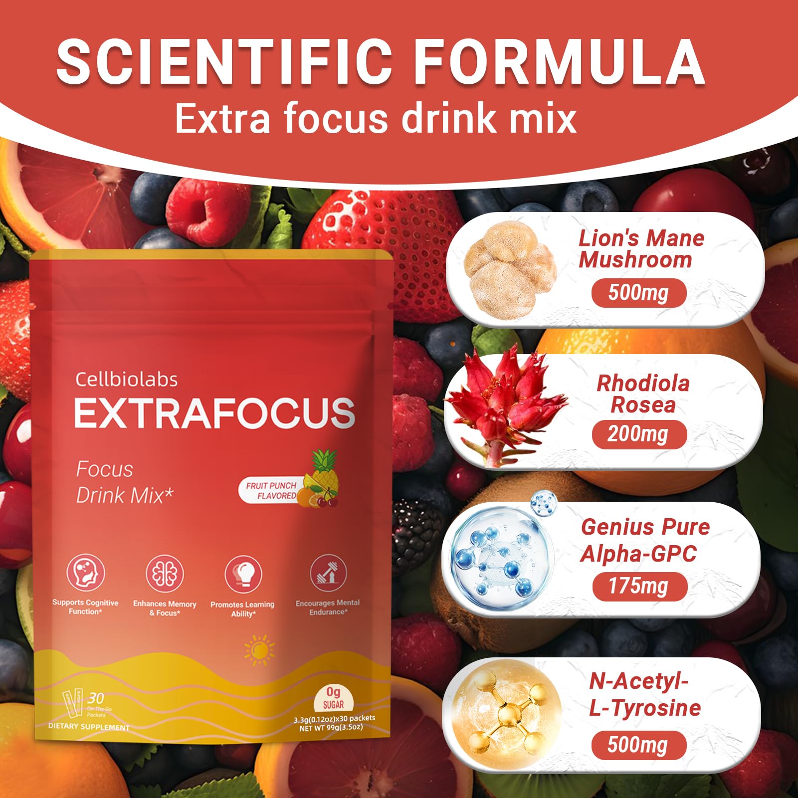 Nootropic Extra Focus Drink Mix, 30 Packs On-The-Go Sticks, Featuring Alpha-GPC, Lion's Mane & Rhodiola, Sugar-Free Packets Fruit Punch Clean Drink Mix Cellbiolabs uk supplements