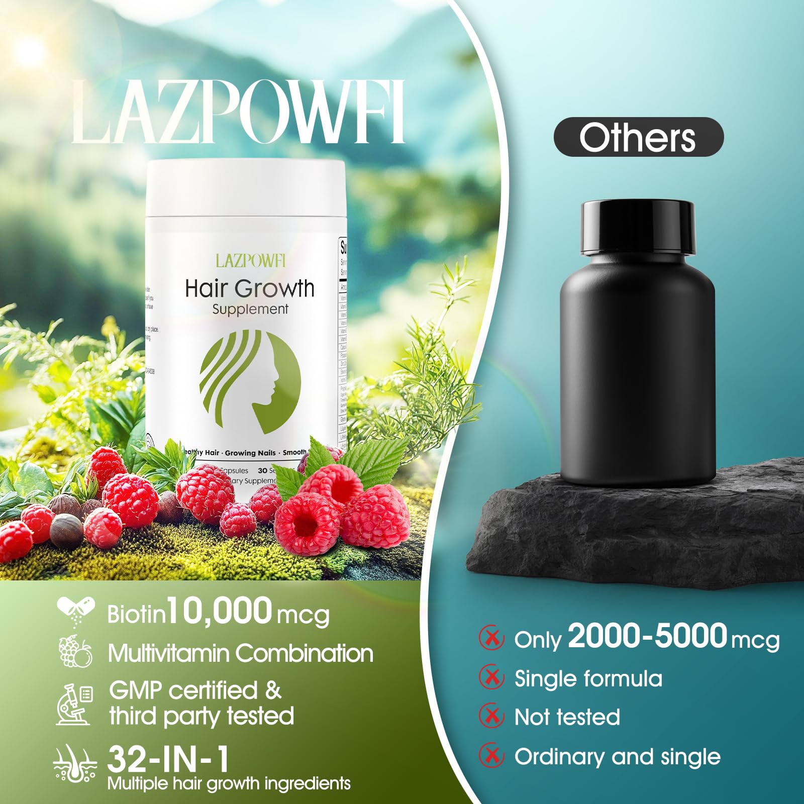 Lazpowfi Hair Growth Supplement, Biotin 10000mcg, 32-in-1 with Vitamin A, B3, C, Magnesium, Calcium, Hair Growth Products, Supports Hair & Nails Natural Growth Vitamins, for Women & Men - 30 Servings Lazpowfi uk supplements