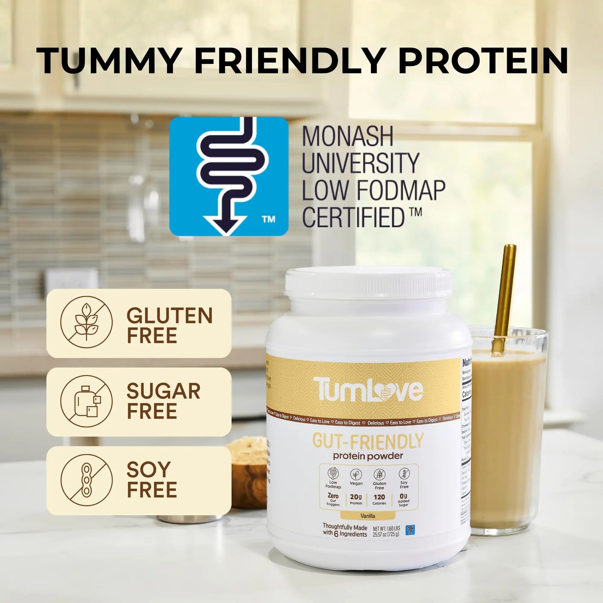 TumLove Vegan Protein Powder - Low FODMAP Certified, Gluten-Free, Dairy-Free, Soy-Free, 100% Gut-Friendly & Non-Bloating, Vanilla (25 Servings) TumLove uk supplements