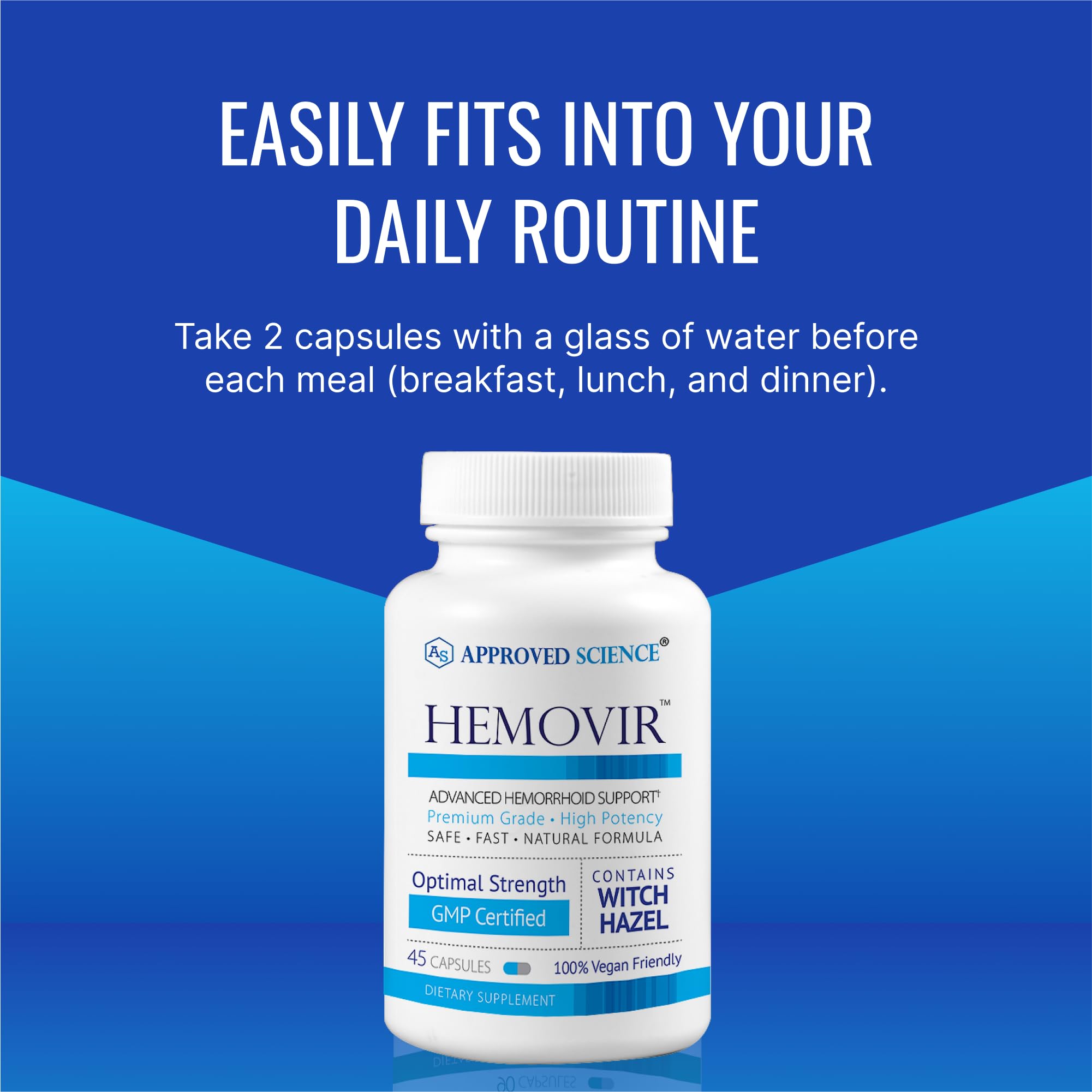 Approved Science Hemovir - Hemorrhoid Support Supplement - Witch Hazel, Horse Chestnut - 45 Capsules - 1 Bottle - Vegan Approved Science uk supplements