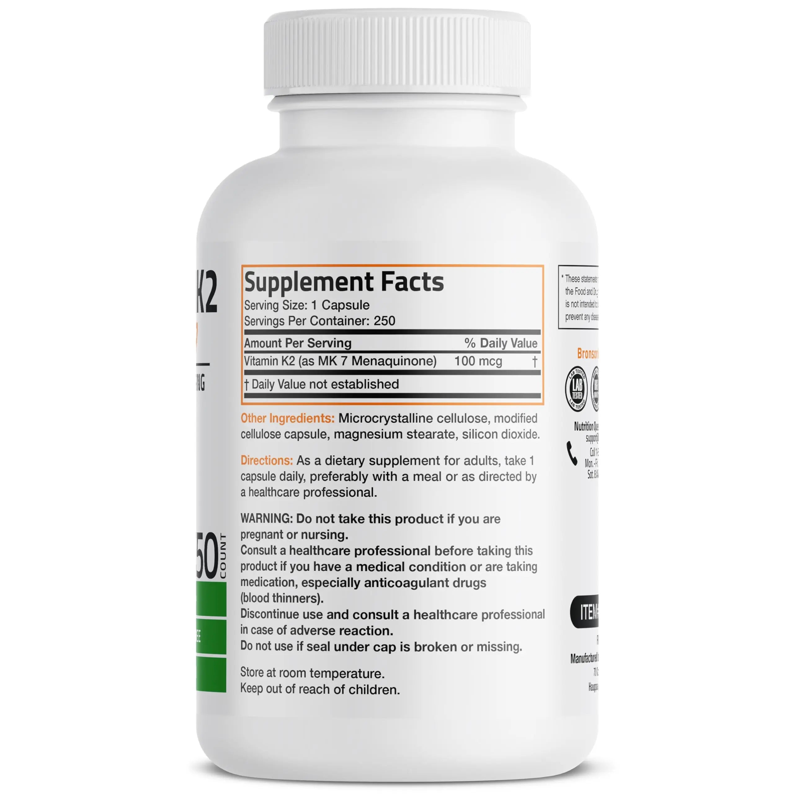 Bronson Vitamin K2 as MK-7 Menaquinone 100 mcg Non-GMO, 250 Capsules Bronson uk supplements