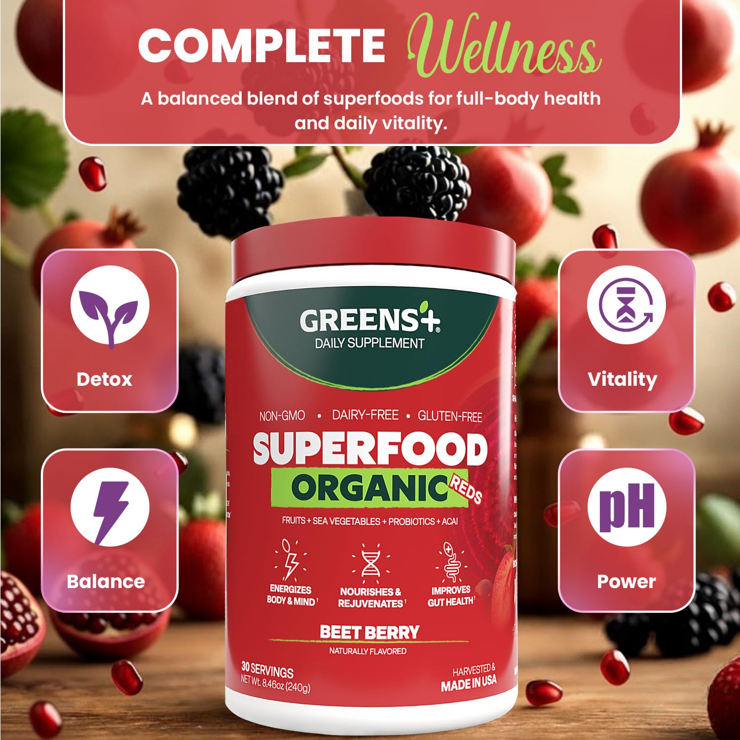 Greens+ Organic Reds Superfood Powder, Antioxidant, Polyphenol, Blend for Morning Kick, Energy, Vitality Boost, Nutrition, Vibrant Health, Vegan Soy/Dairy/Gluten Free(8.46oz) Greens+ uk supplements