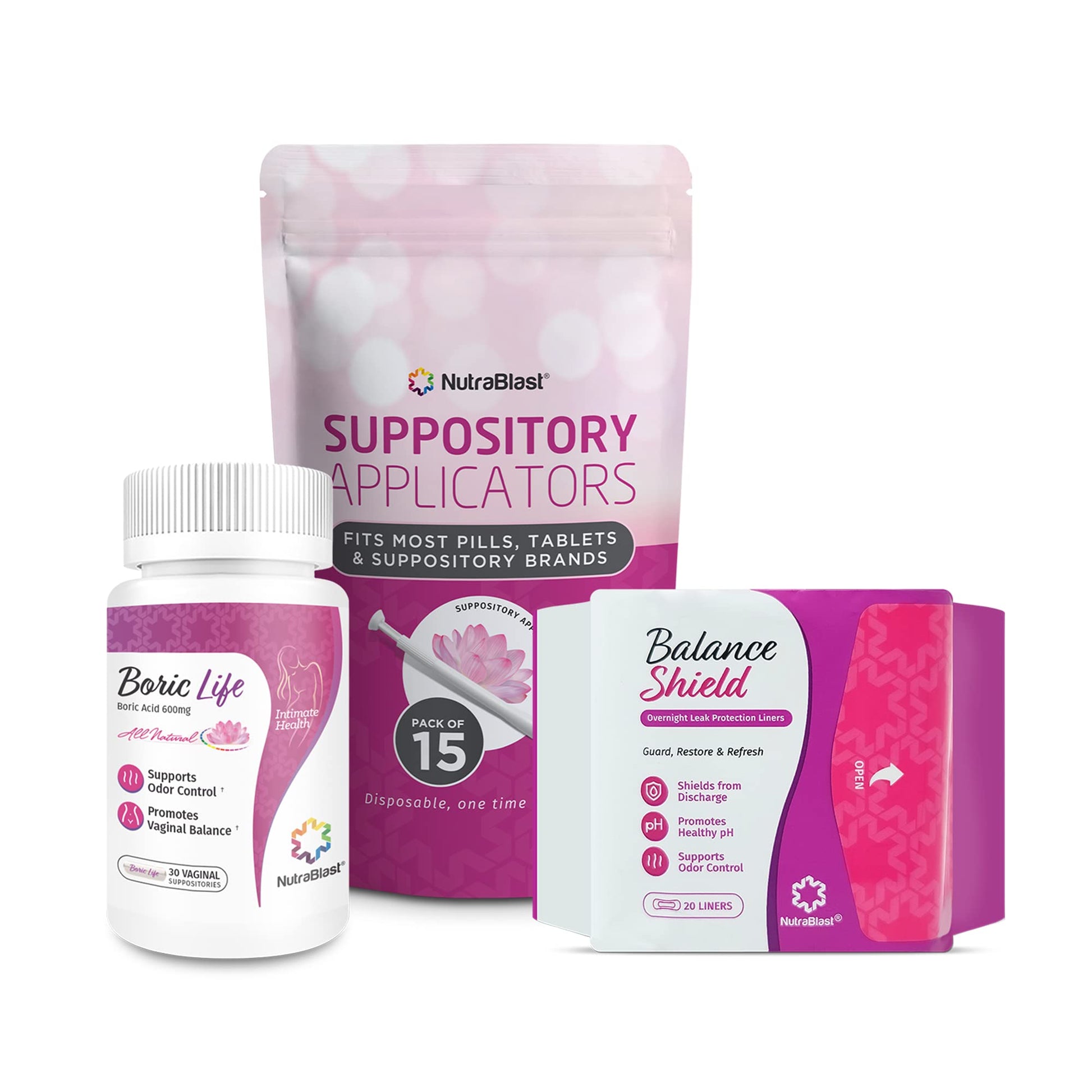 NutraBlast Boric Acid Suppositories 600mg (30 Count) Bundle with Disposable Applicators (15-Pack) and Balance Shield Panty Liners (180mm, 20-Pack) NutraBlast uk supplements
