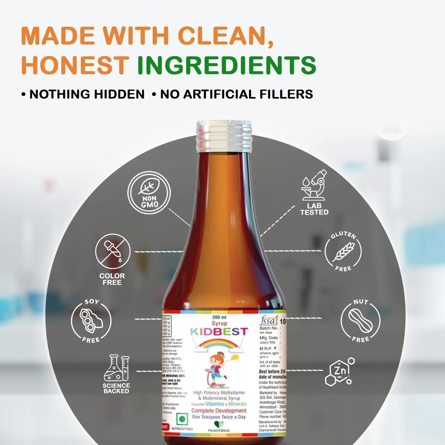 Kidbest Multivitamin Syrup for Kids 3-13 Years – Liquid Formula with 20 Nutrients for Appetite, Immunity, and Growth – Tasty Daily Vitamins HealthBest uk supplements