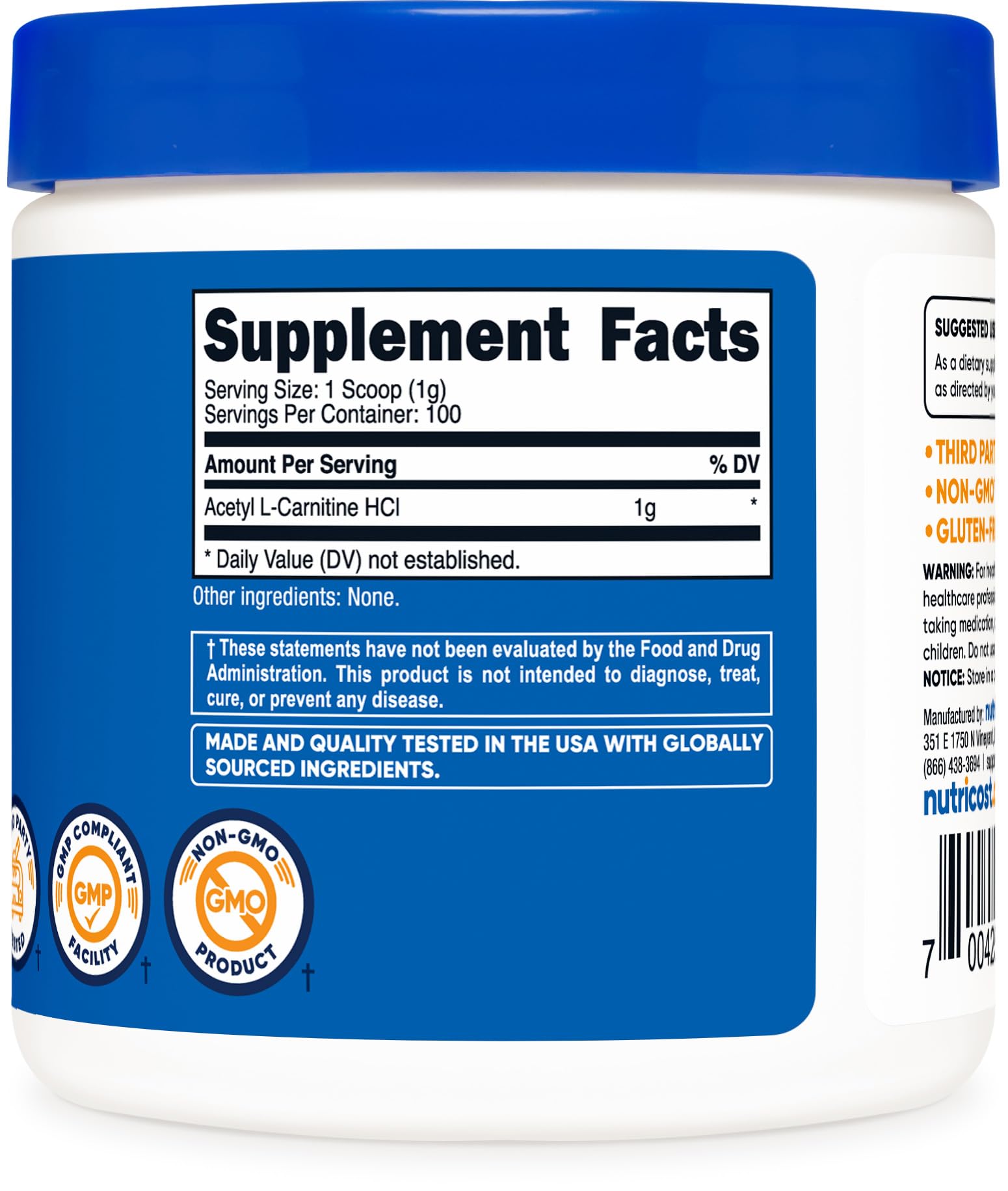 Nutricost Acetyl L-Carnitine (ALCAR) 100 Grams - 1000mg Per Serving - Non-GMO, Gluten Free Nutricost uk supplements