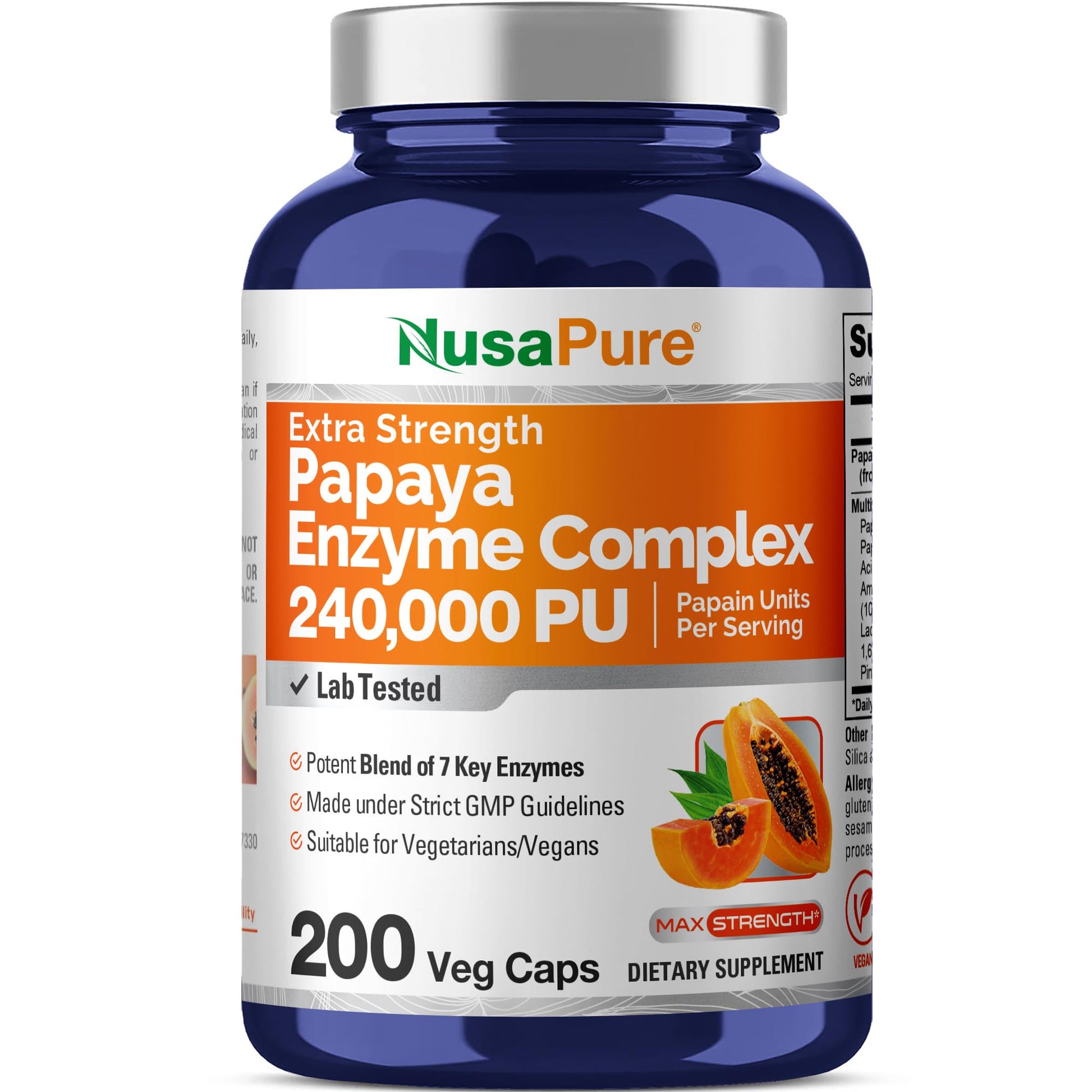 NusaPure Papaya Papain Enzyme Complex 240,000 PU - 200 Veggie Caps - Suitable for Vegetarian, Vegan Non-GMO NusaPure uk supplements