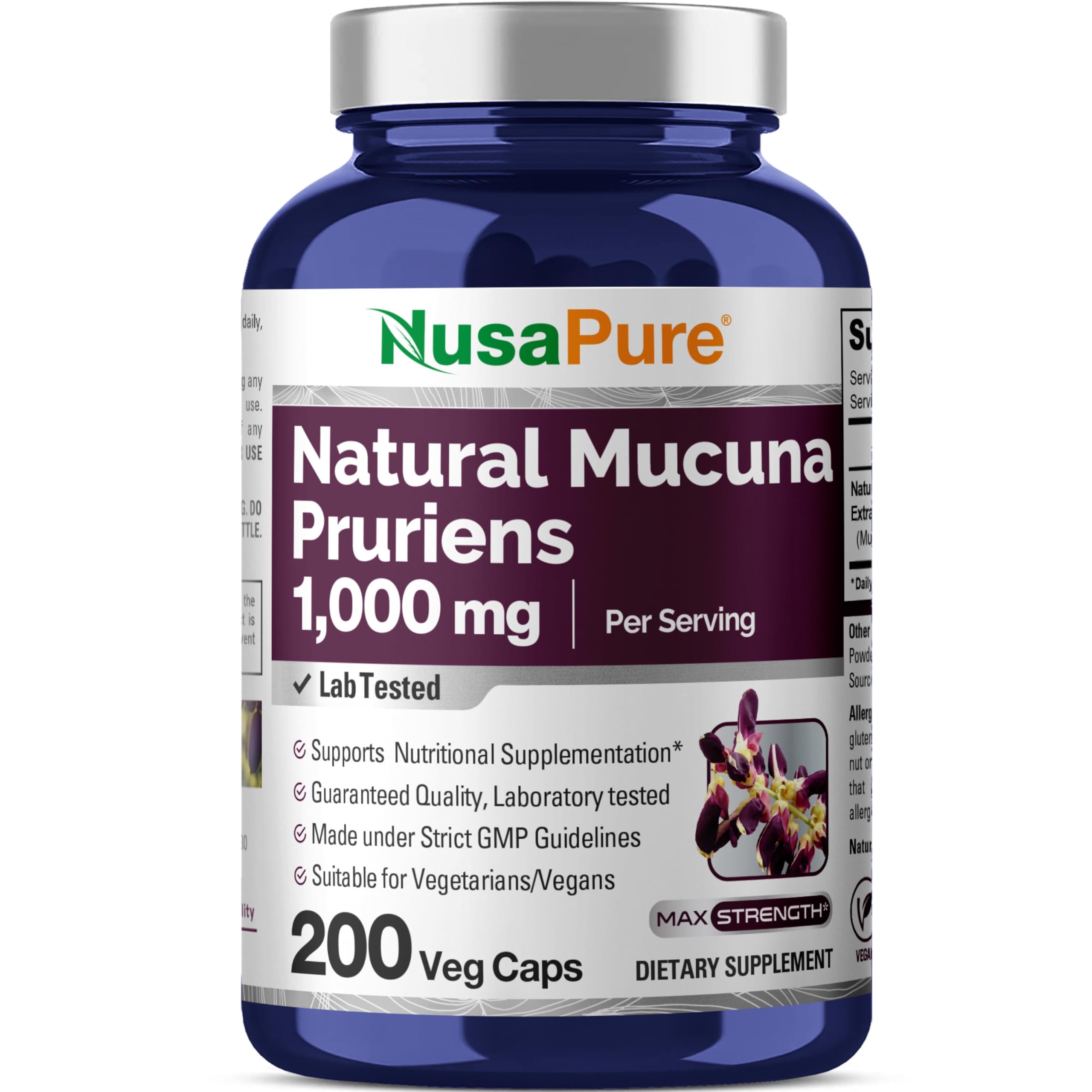 NusaPure Mucuna Pruriens 1000mg 200 Veggie Caps (Non-GMO, 100% Vegetarian, Vegan) NusaPure uk supplements