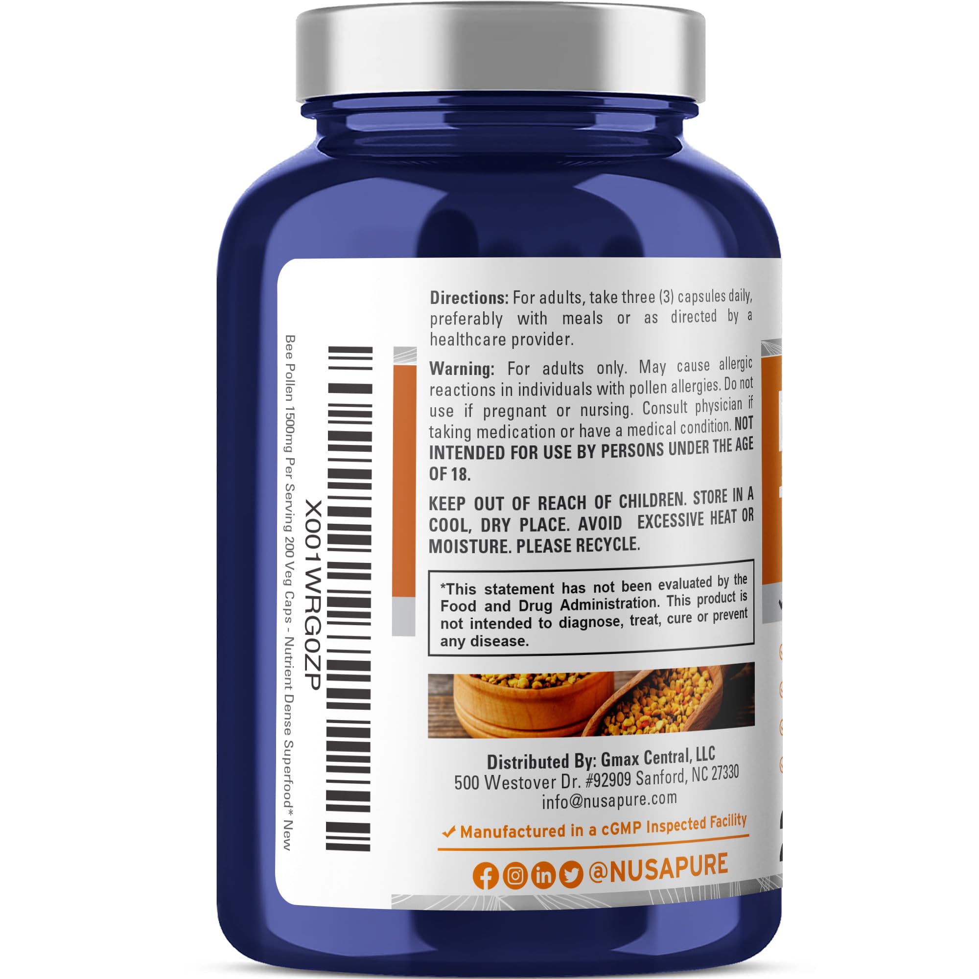 NusaPure Bee Pollen 1500mg 200 Veggie Caps (100% Vegetarian, Non-GMO, Vegan) Naturally Occurring Proteins, Aminoacids NusaPure uk supplements